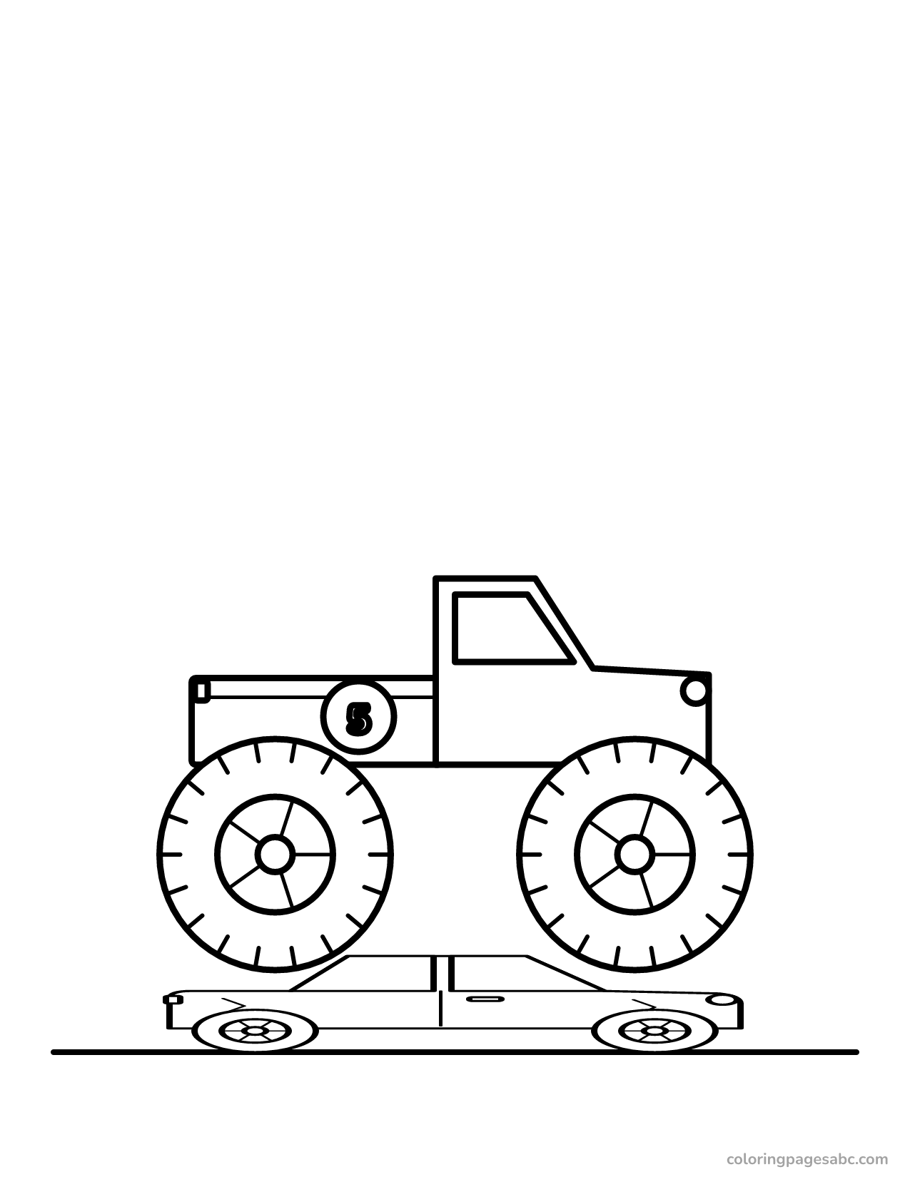 Monster truck with the number 5 driving over a flattened car