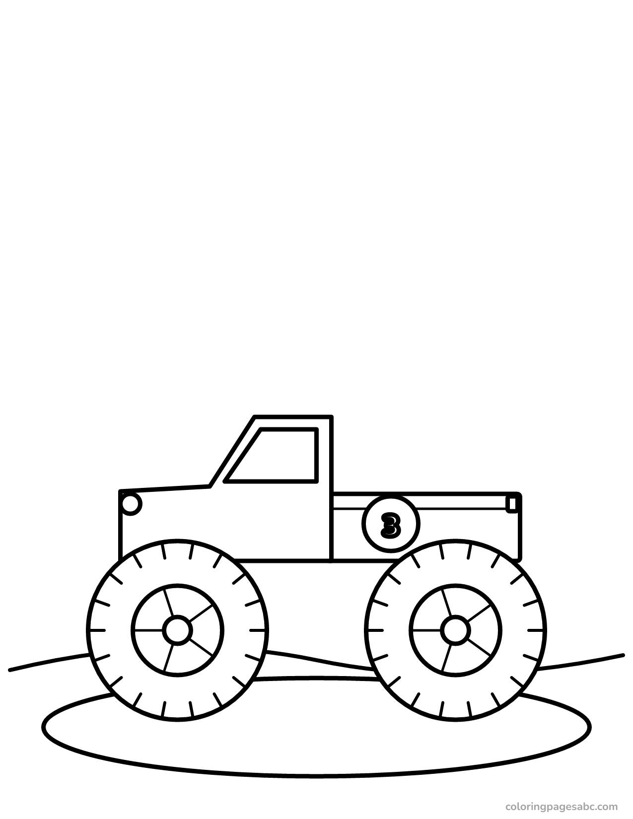 Monster truck with the number 3 splashing through mud coloring page