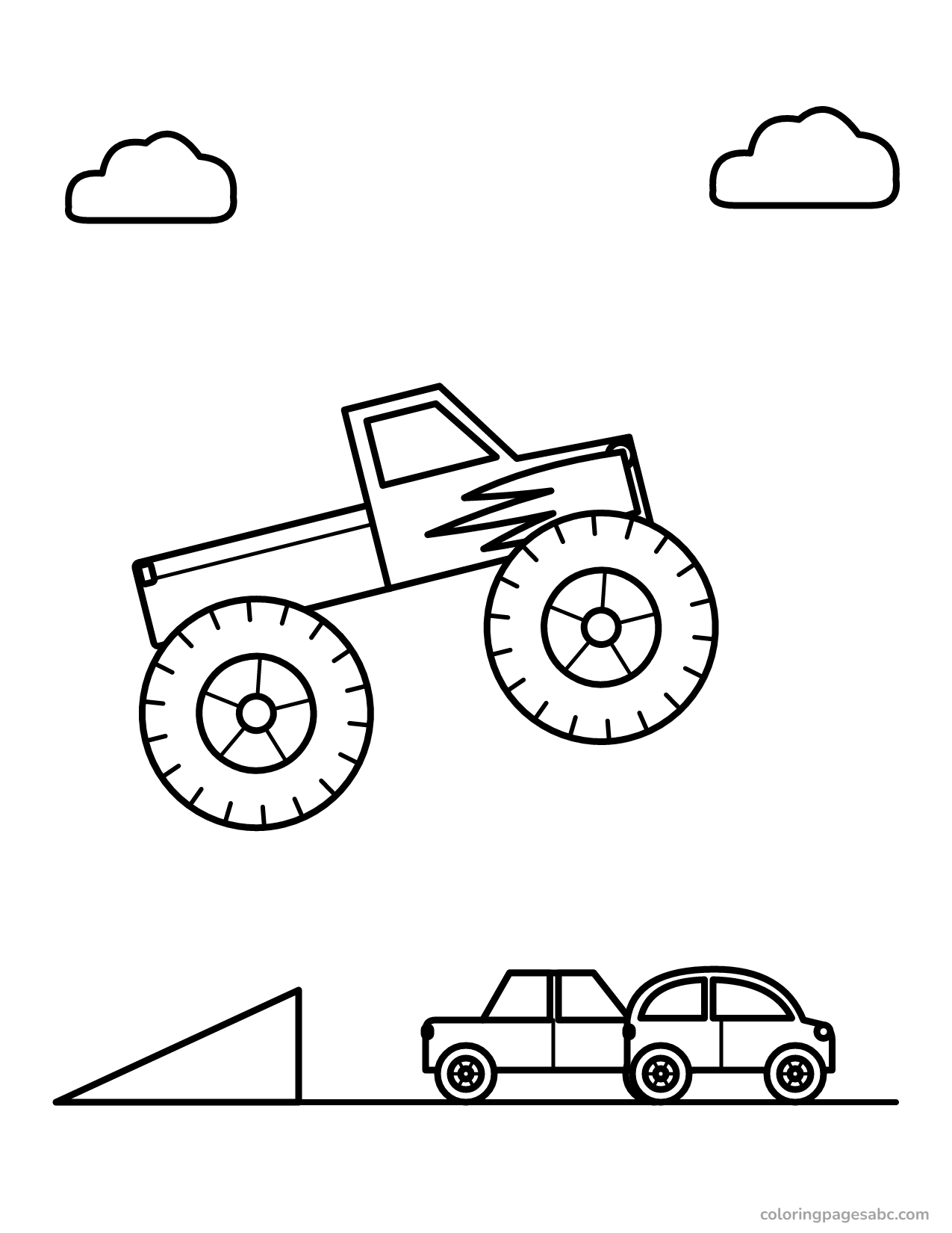 Monster truck with flames jumping off a ramp over two cars