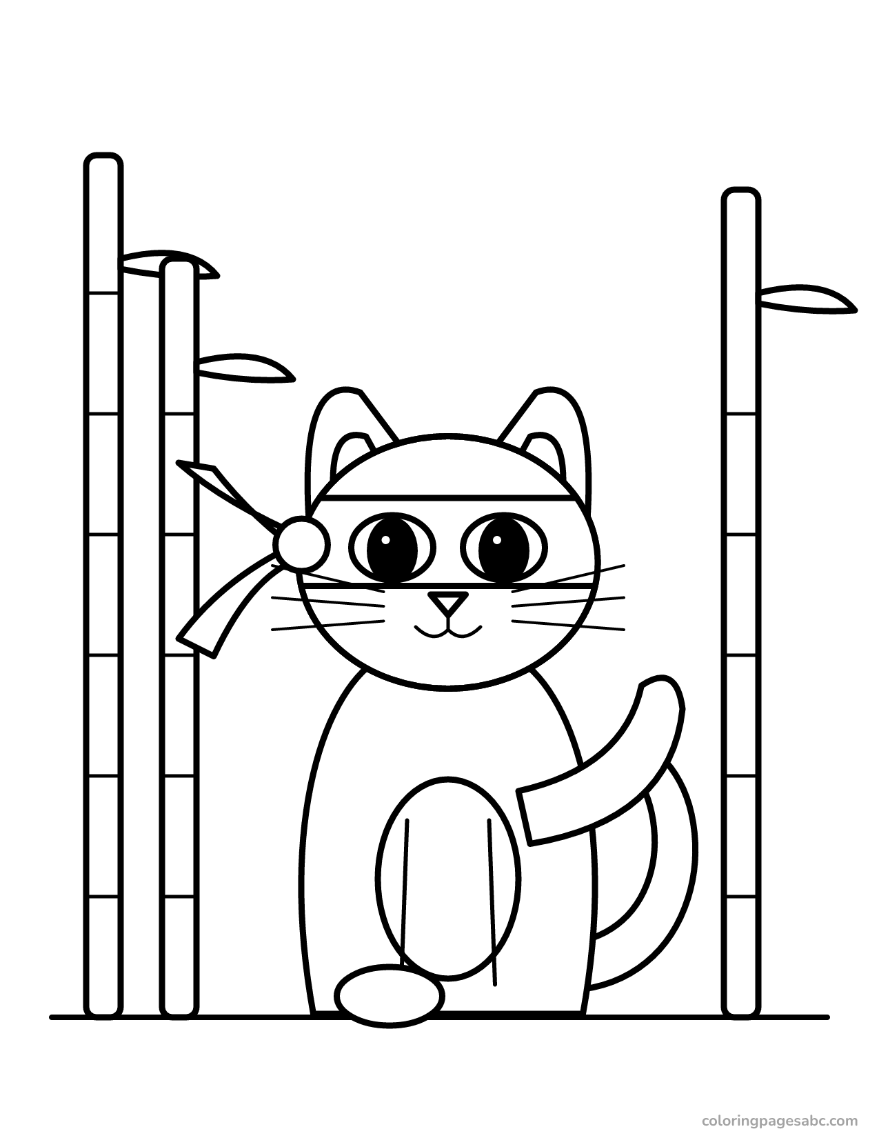 Ninja cat with a raised paw between bamboo stalks coloring page