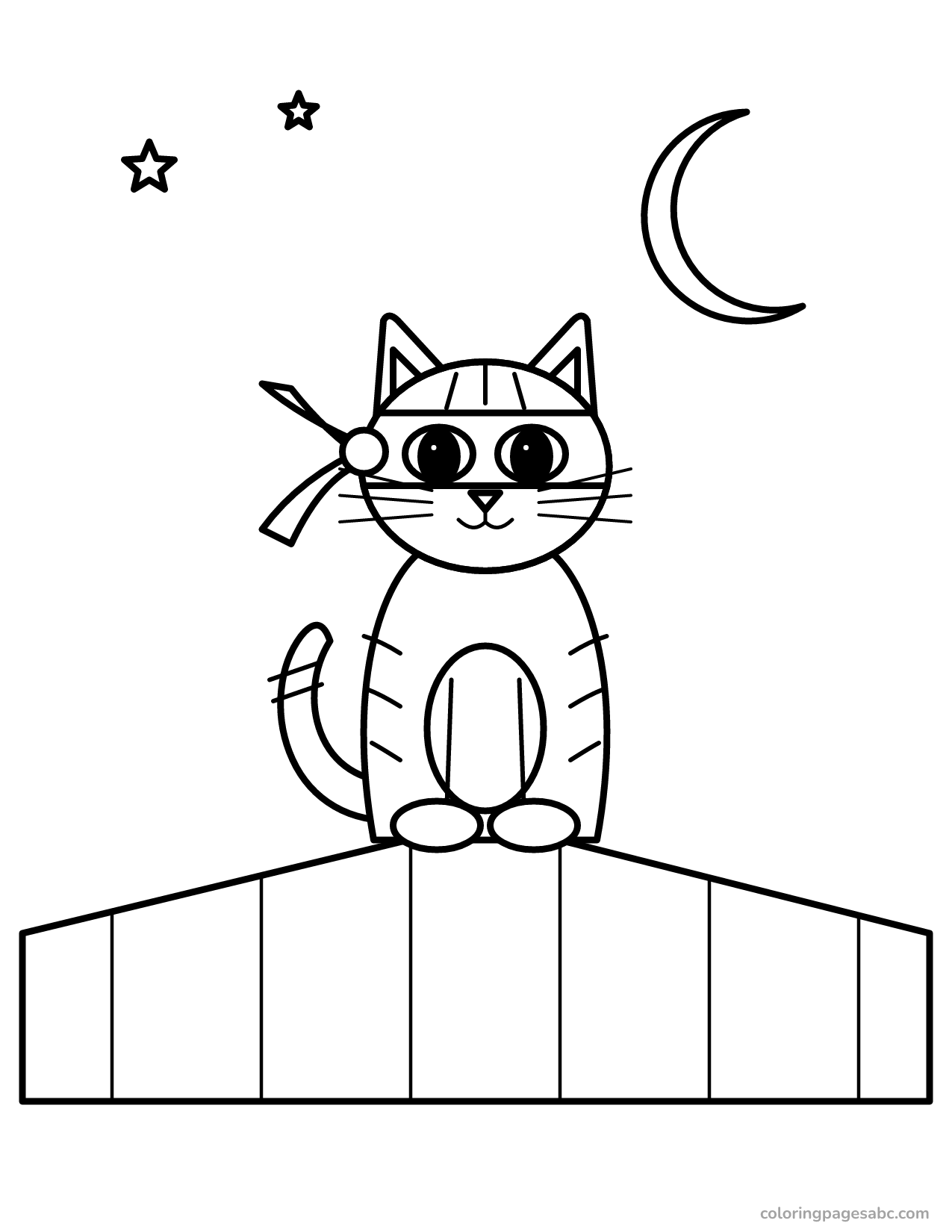Striped ninja cat sitting on a roof under the moon coloring page