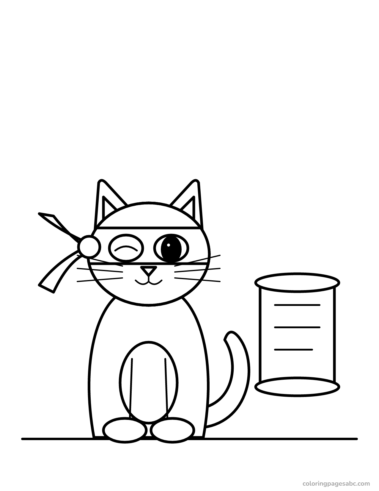 Winking ninja cat next to an open scroll coloring page