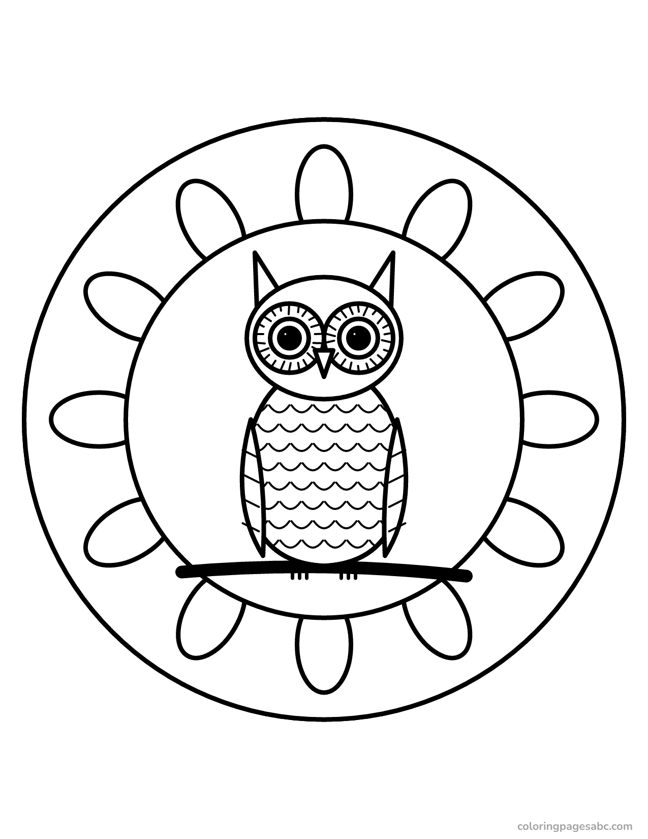 Detailed owl on a branch inside a petal mandala for adults