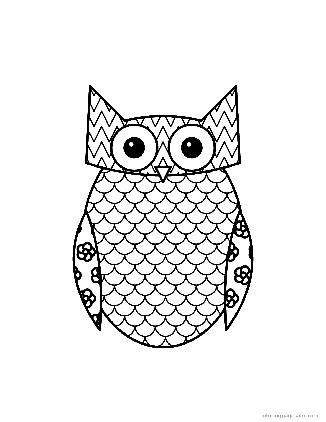 Owl filled with scale, zigzag and flower patterns coloring page