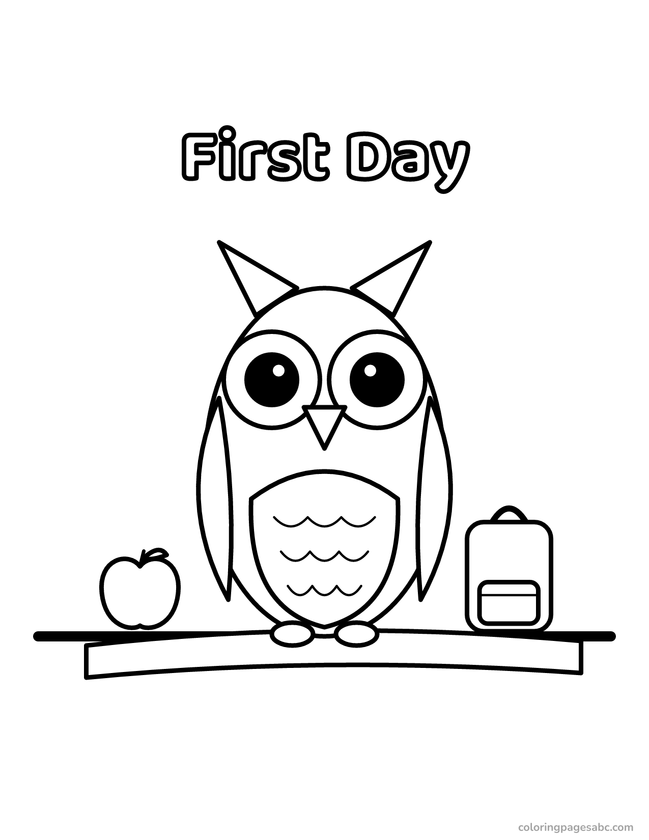Owl on a branch with a backpack and an apple, First Day lettering