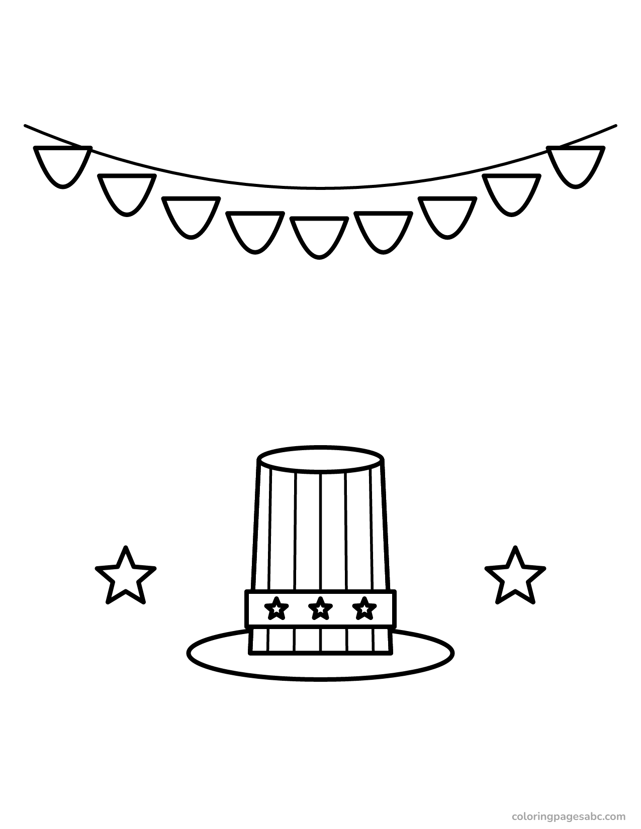 Row of bunting over a striped top hat and two stars
