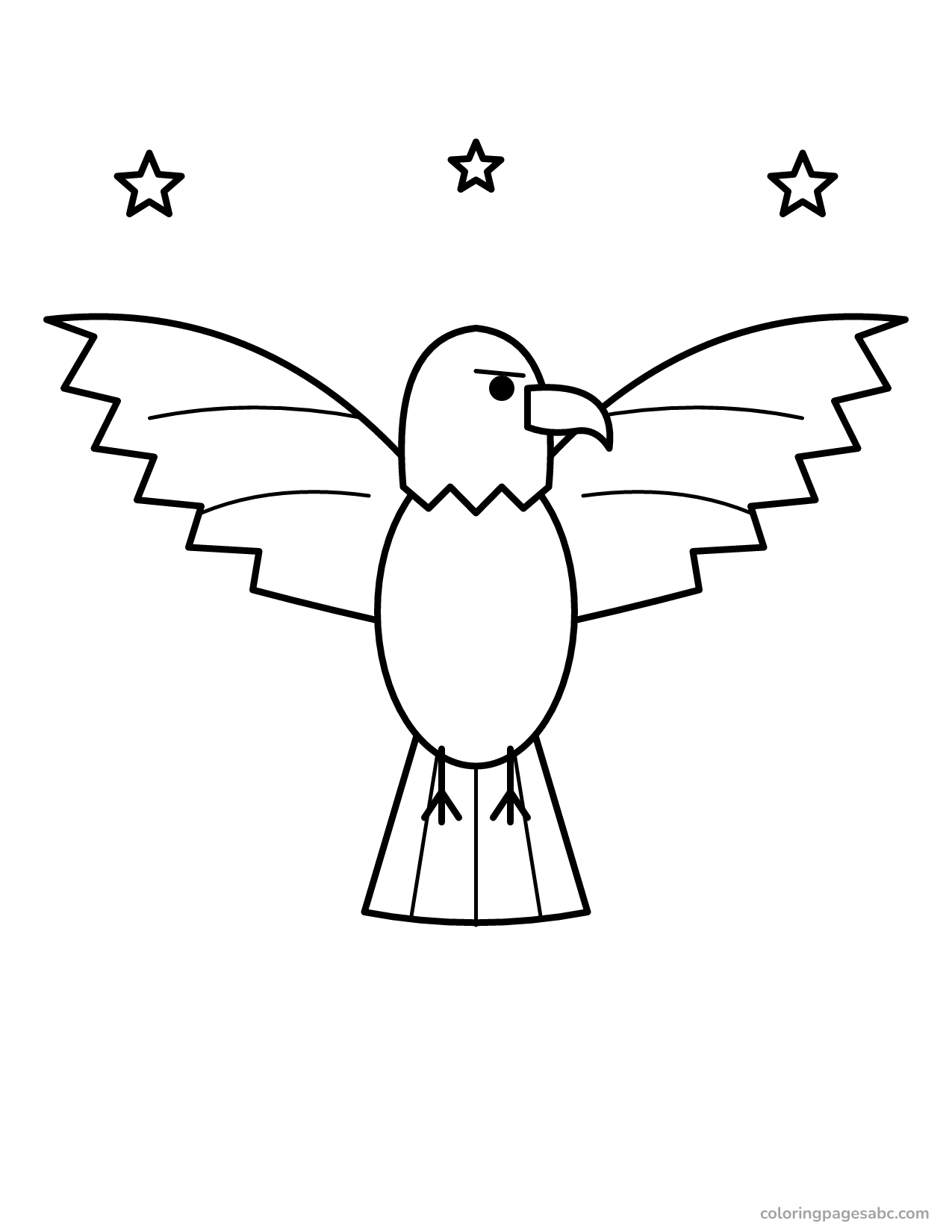 Bald eagle with spread wings under three stars coloring page