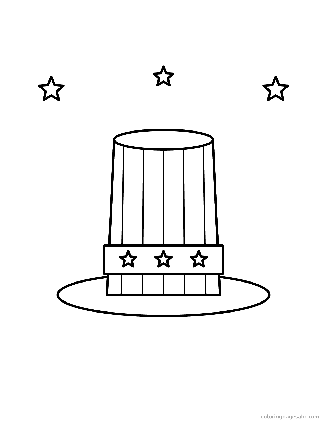 Tall striped top hat with a band of stars coloring page