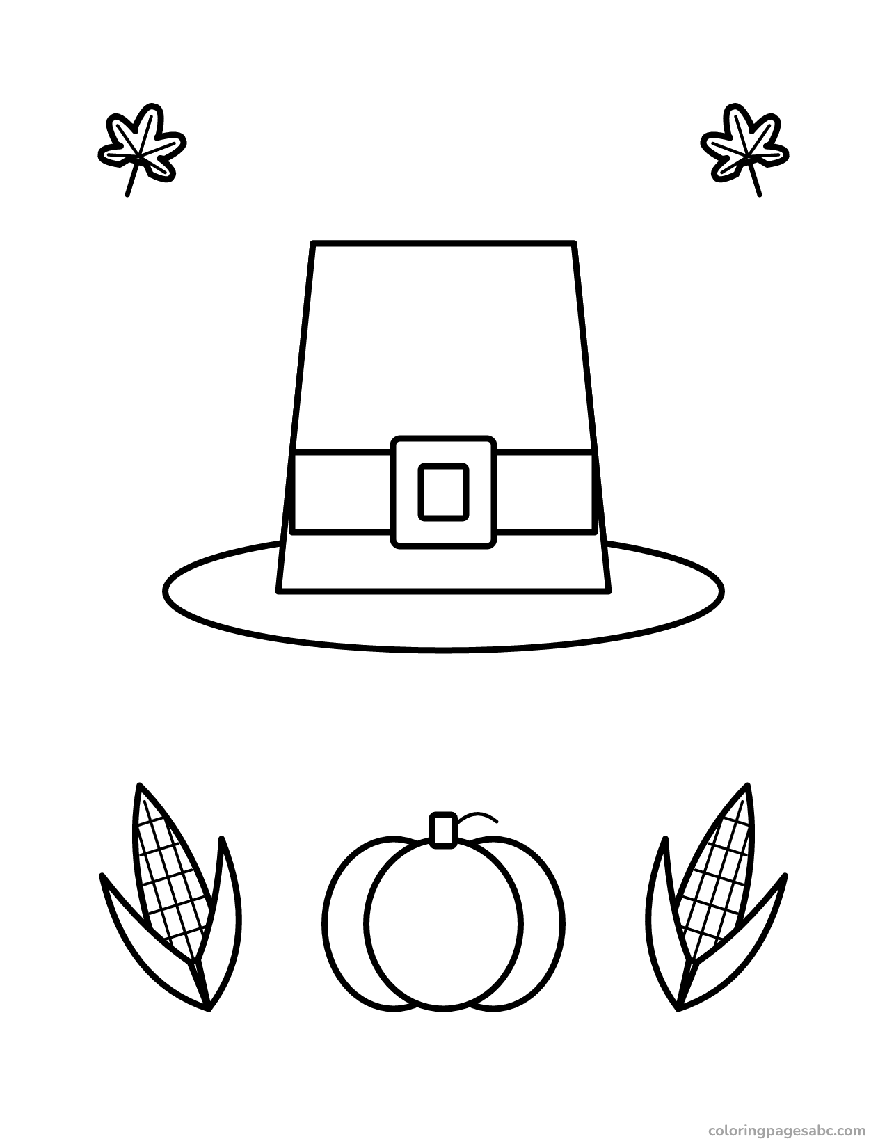 Pilgrim hat with corn and a pumpkin to color online