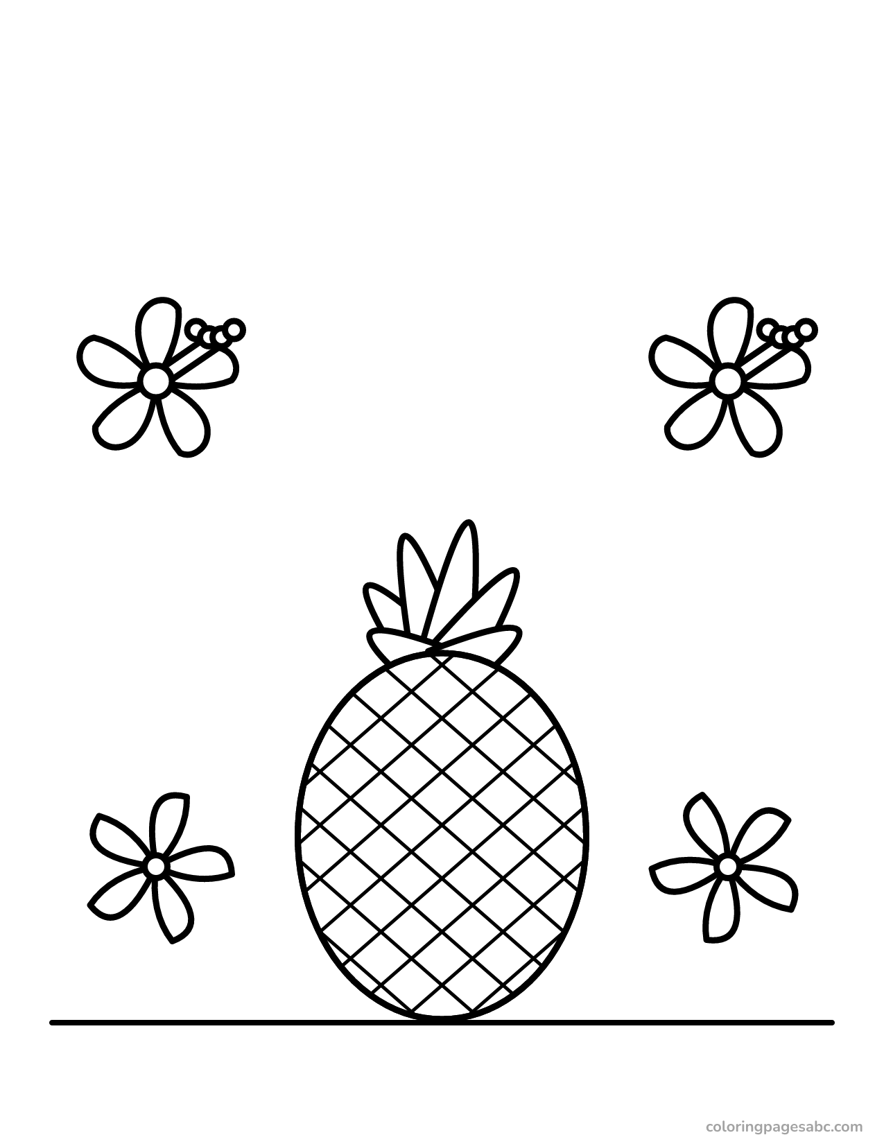 Pineapple between hibiscus and plumeria flowers coloring page