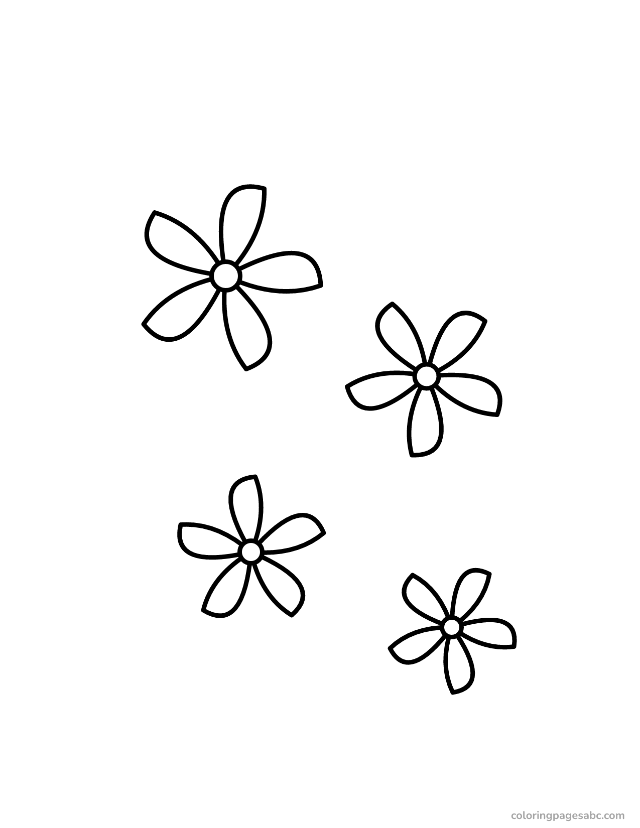 Four plumeria flowers with five petals coloring page