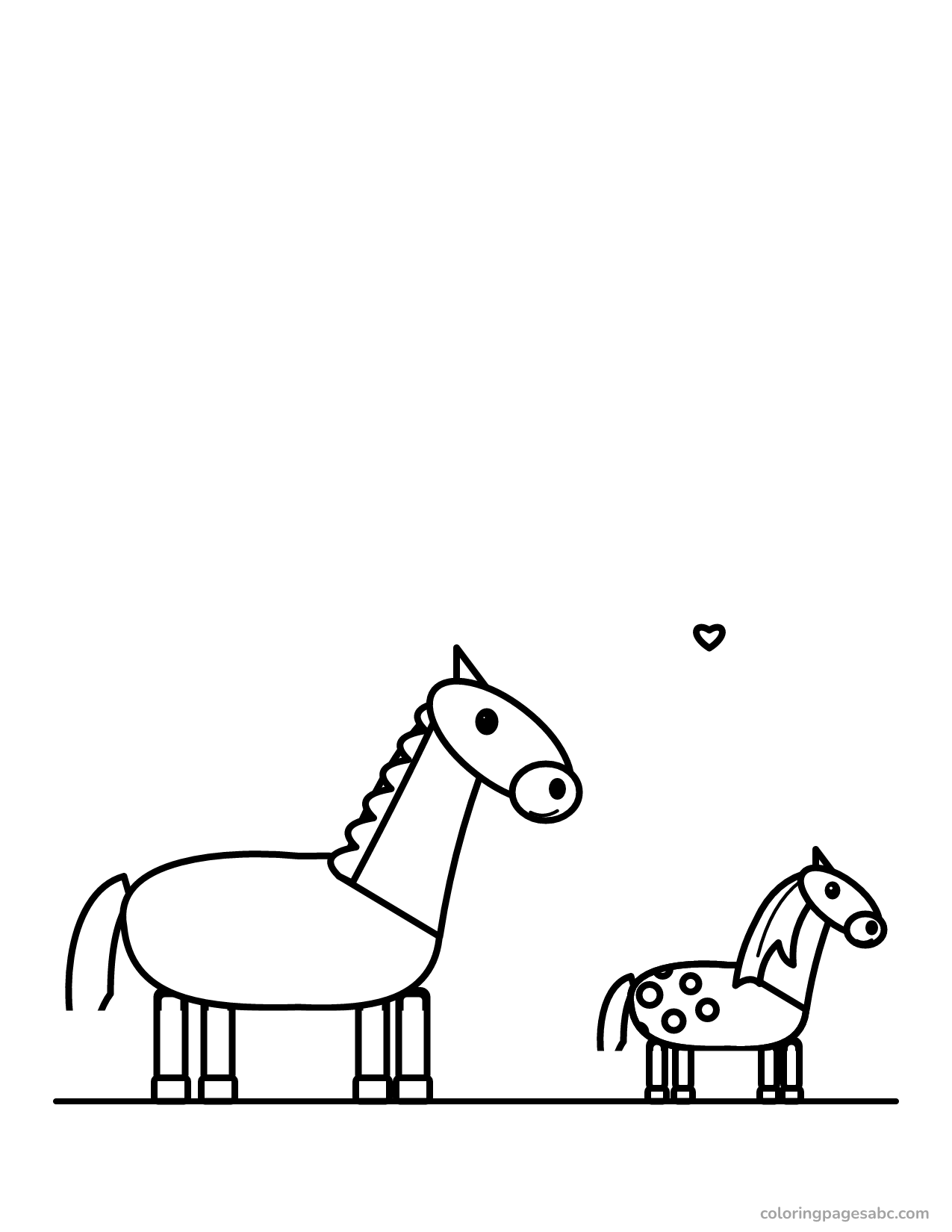 Pony with a spotted little foal and a heart coloring page