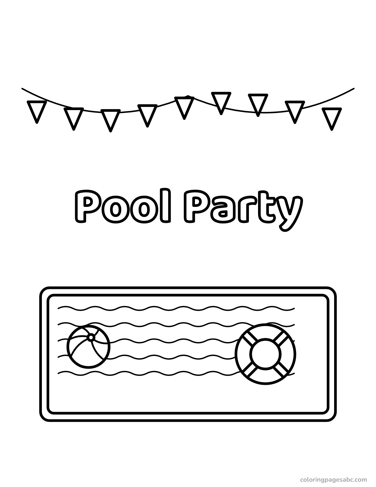 Pool Party lettering with flags, a beach ball and a swim ring