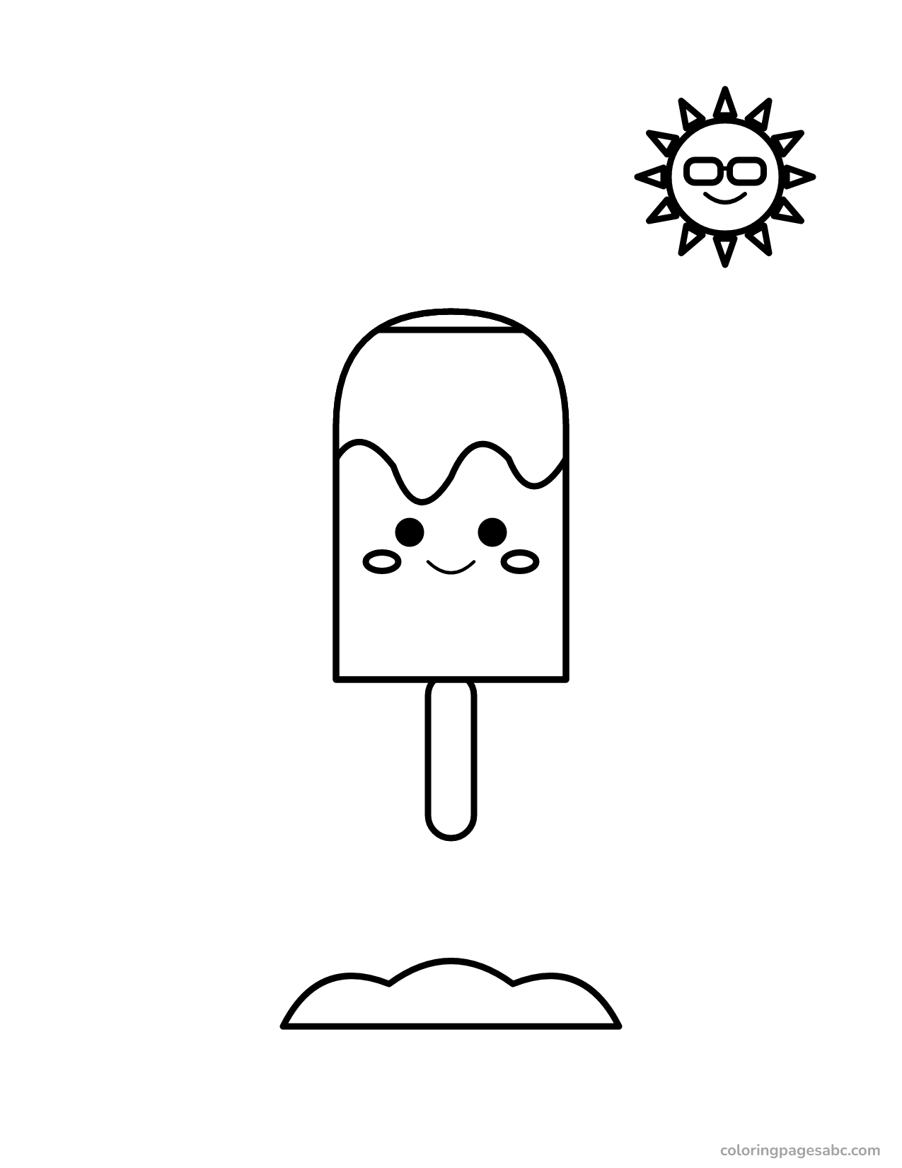 Smiling popsicle melting into a puddle in the sun coloring page