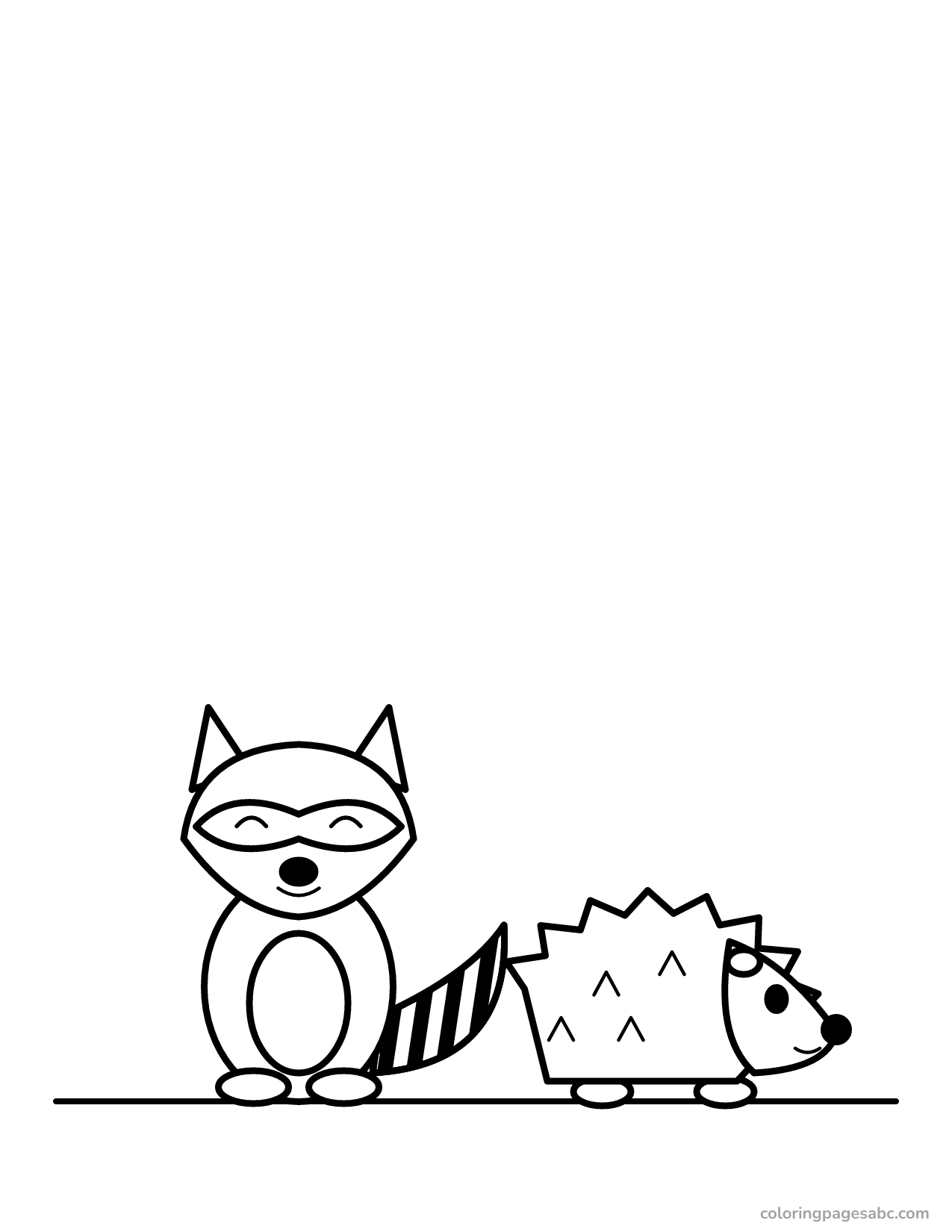 Happy raccoon and a hedgehog side by side coloring page