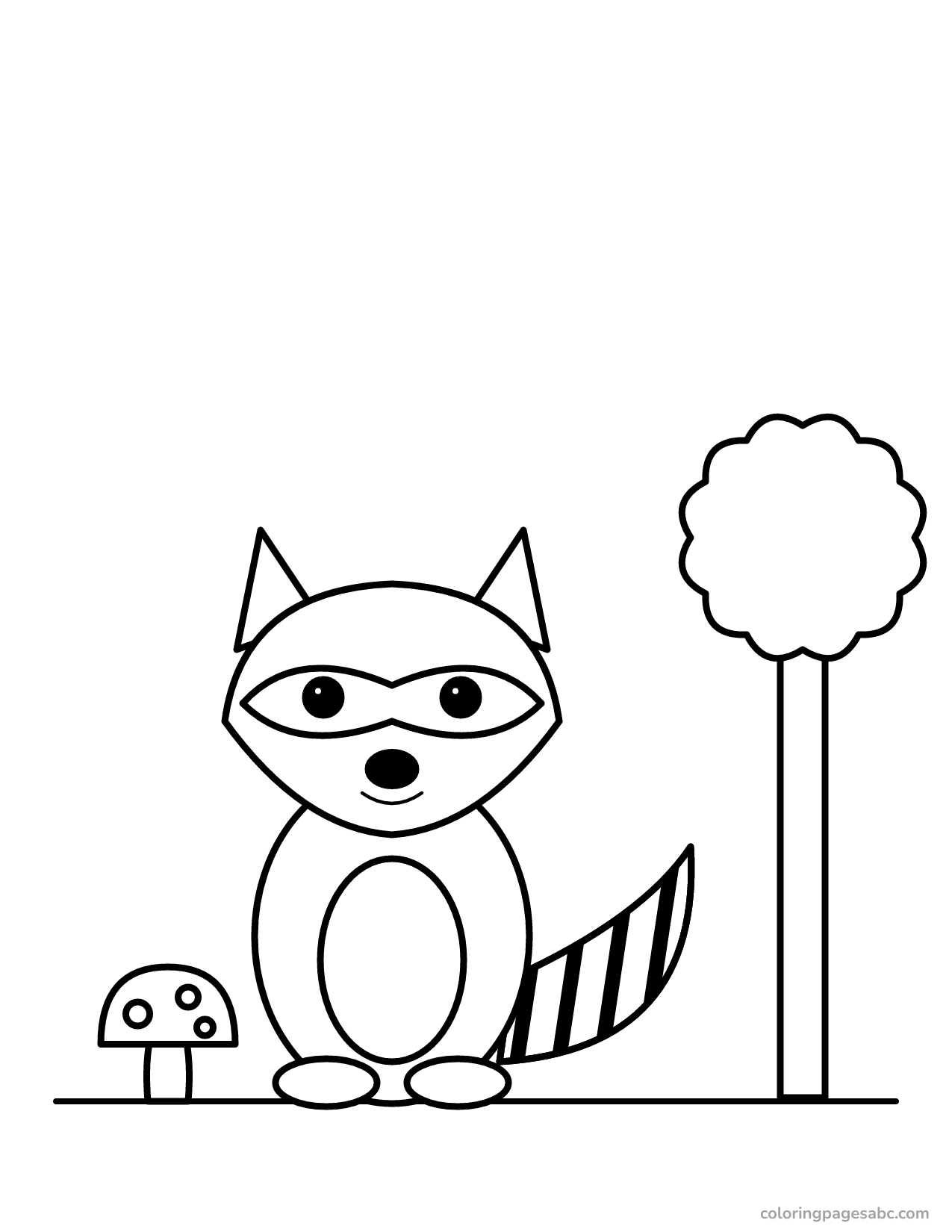 Raccoon with a striped tail next to a tree coloring page