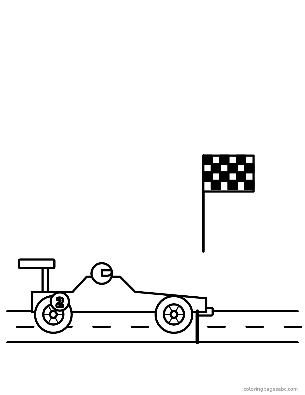 Race car crossing the finish line next to a checkered flag