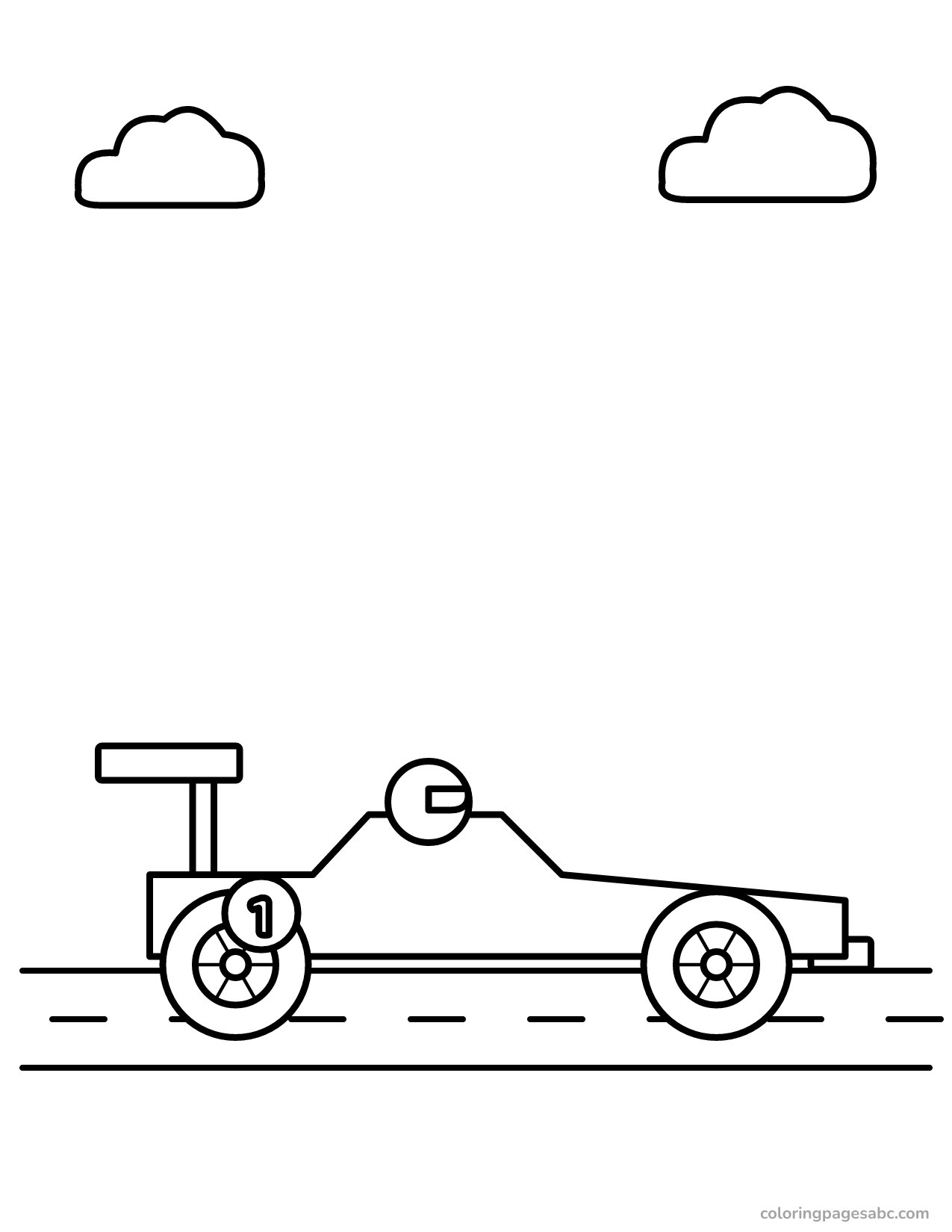 Race car with a spoiler and the number 1 on the road coloring page