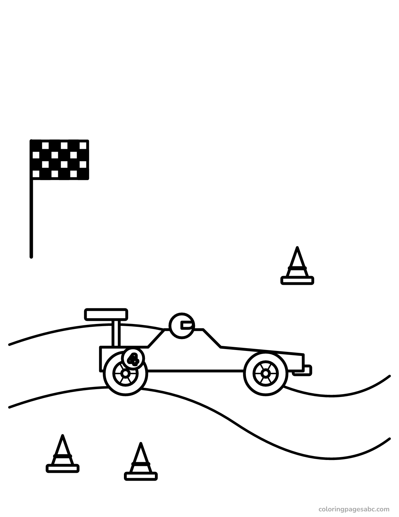 Race car on a curvy race track with cones coloring page