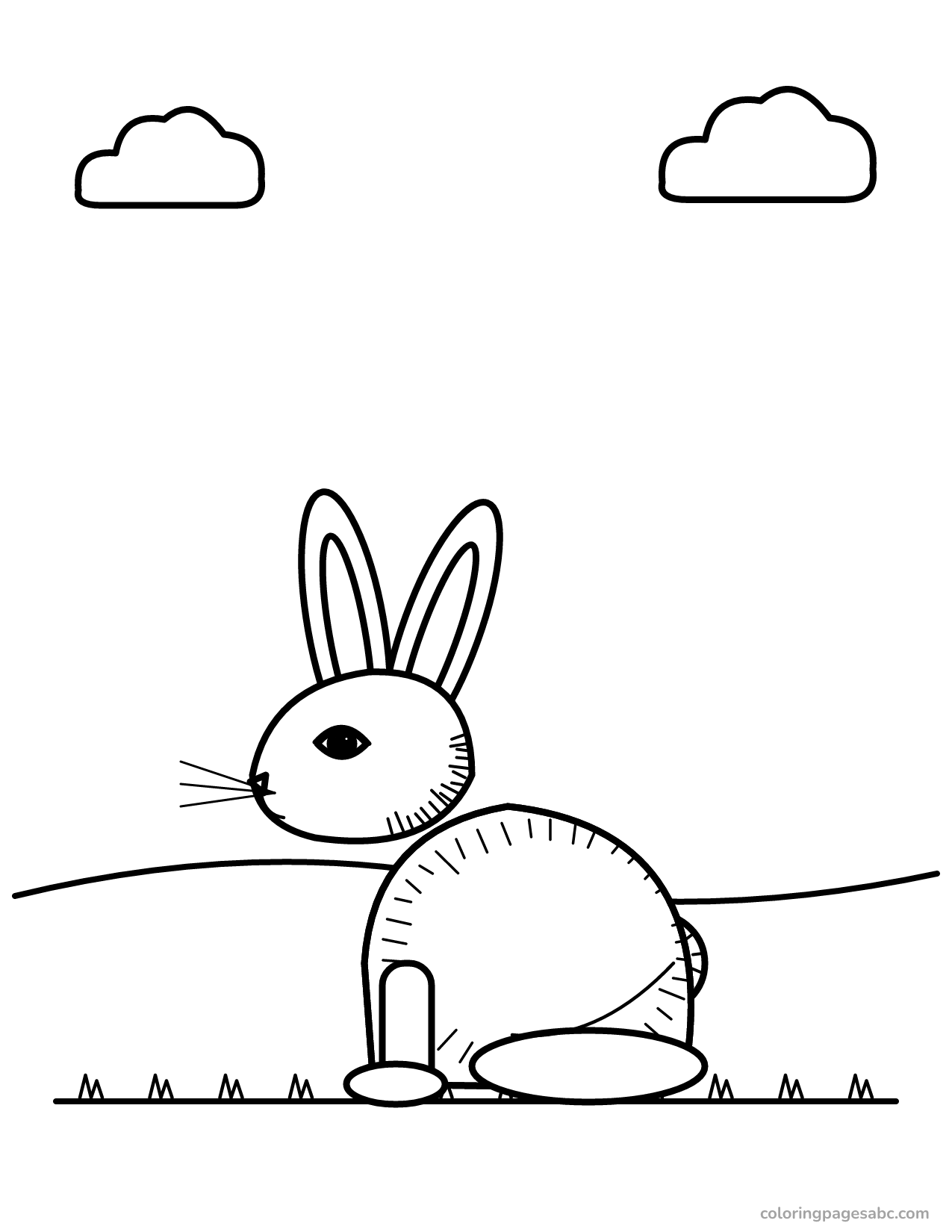 Realistic bunny in a meadow under the clouds coloring page