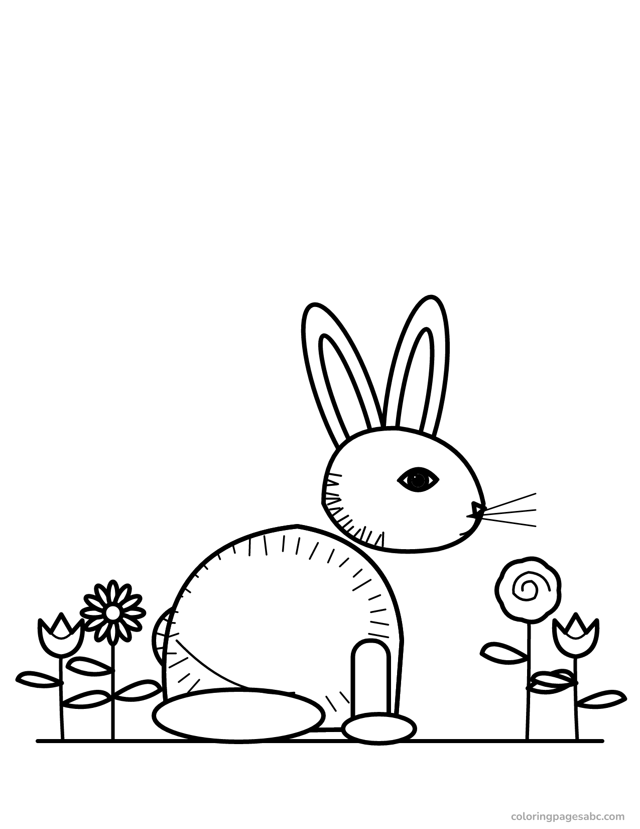 Realistic bunny sitting between tall flowers coloring page