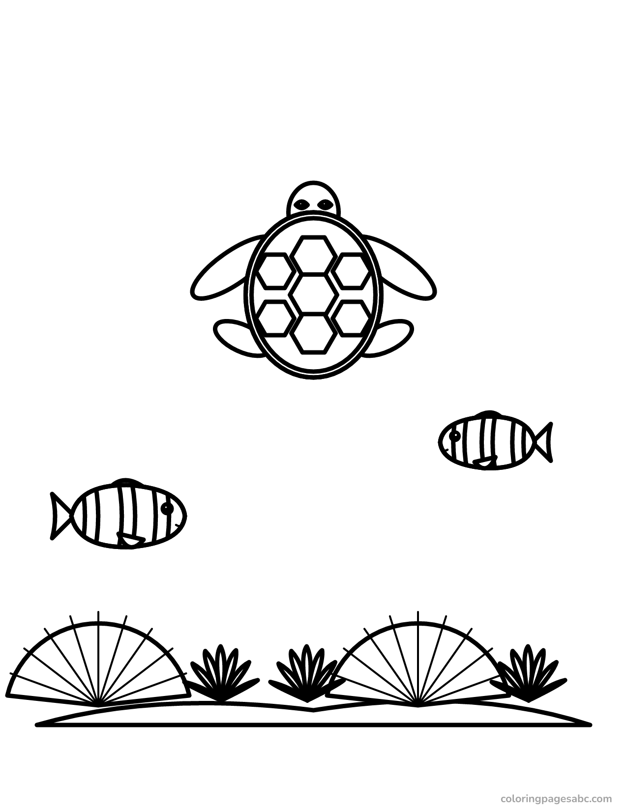Coral reef with fan coral, a turtle and clownfish coloring page