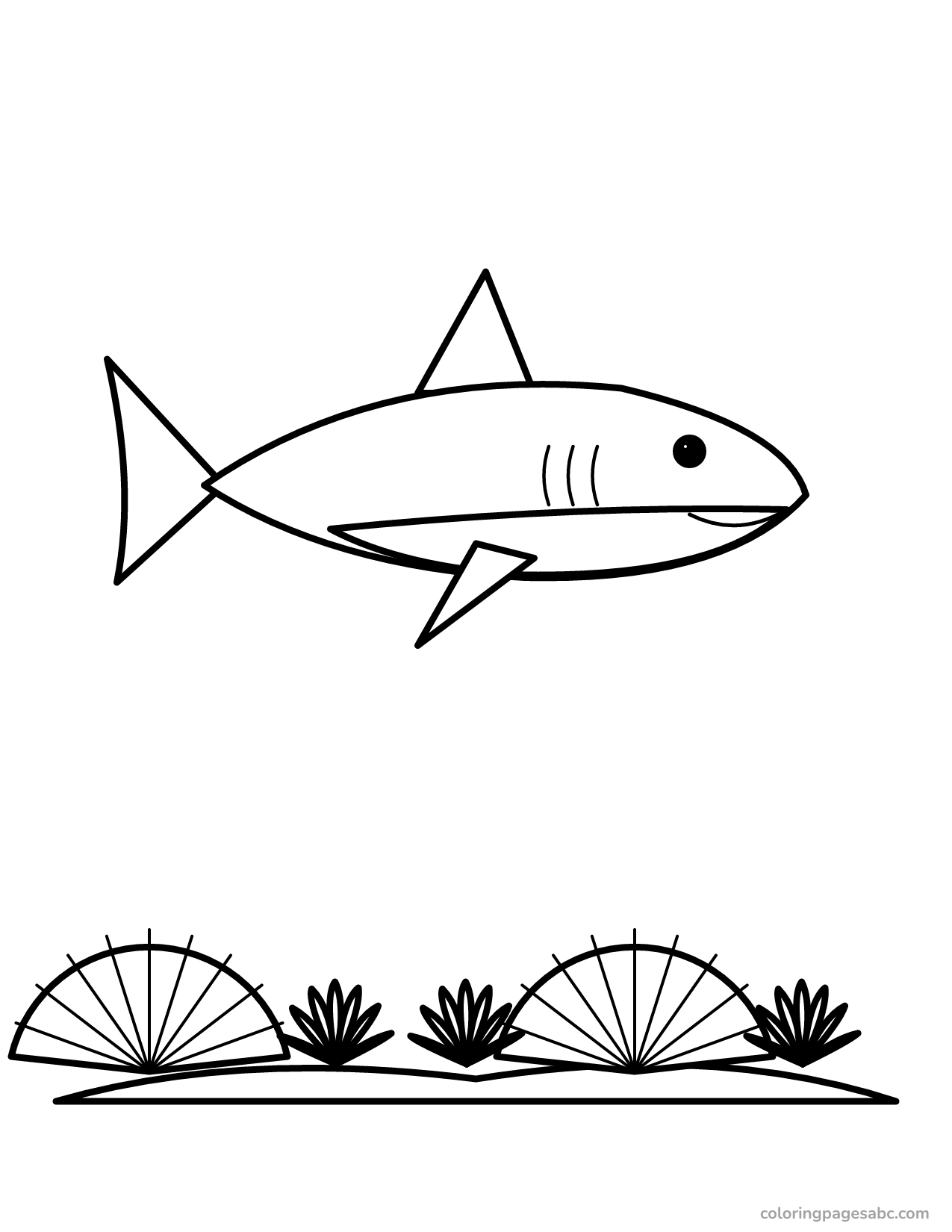 Shark swimming over a coral reef coloring page