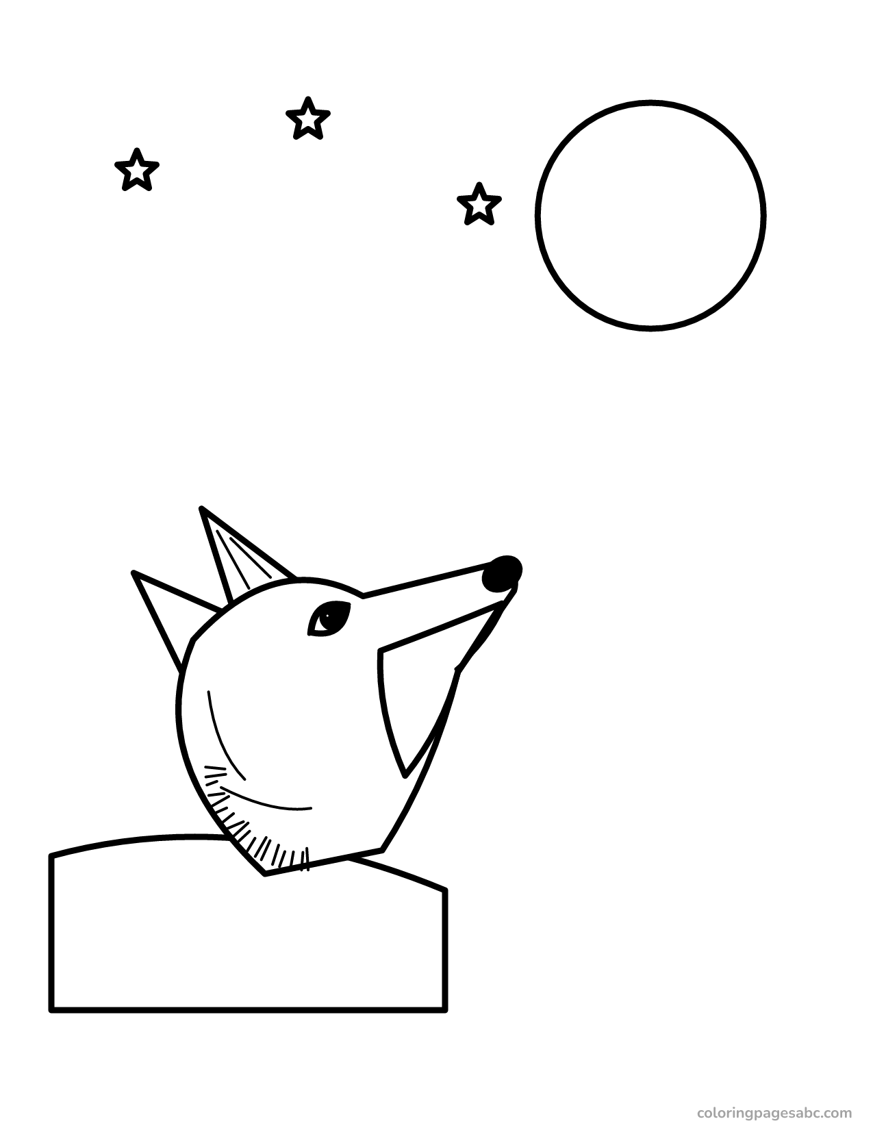 Wolf on a rock howling at a full moon coloring page