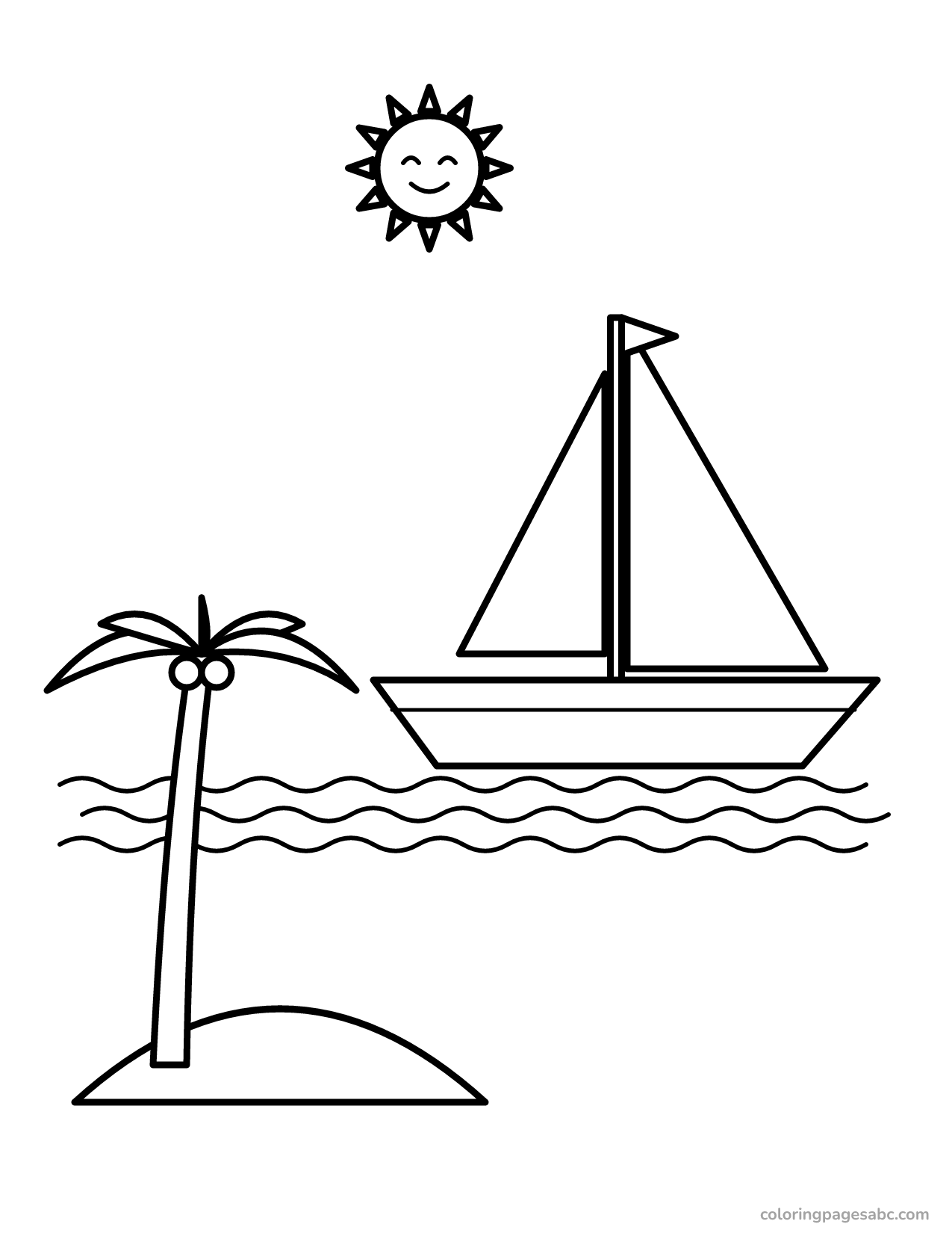 Sailboat on the sea next to an island with a palm tree