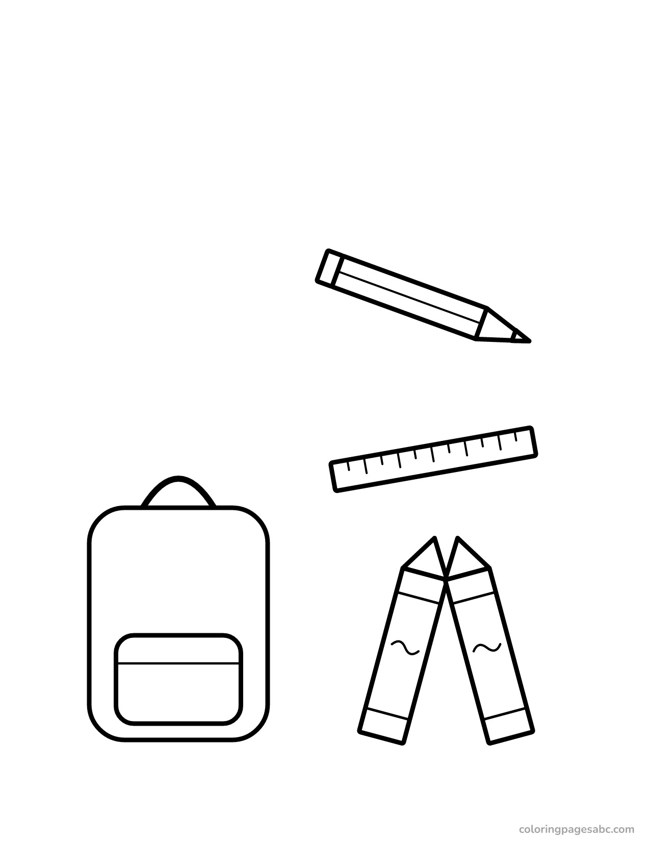 Backpack, pencil, ruler and two crayons coloring page