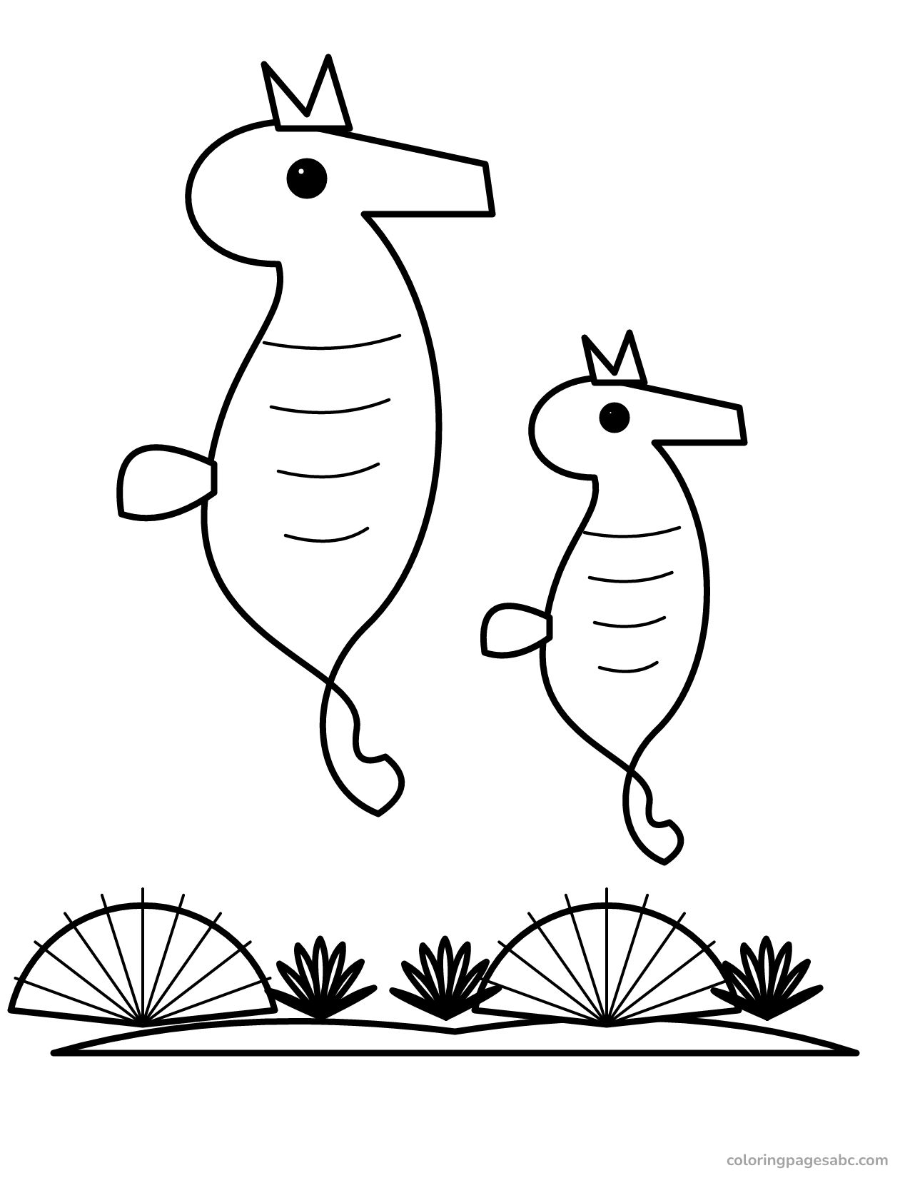 Two seahorses with curled tails above the reef