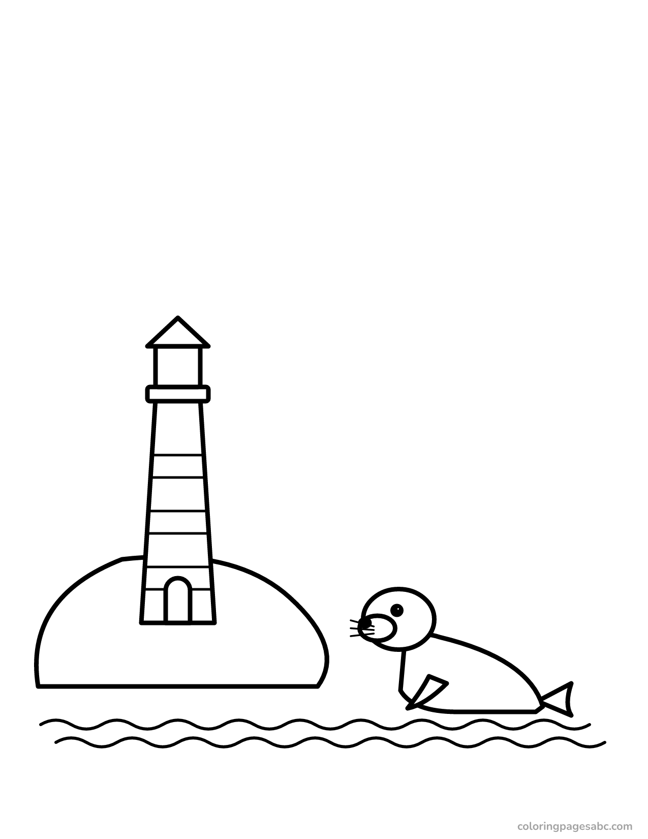 Seal on the rocks next to a striped lighthouse coloring page