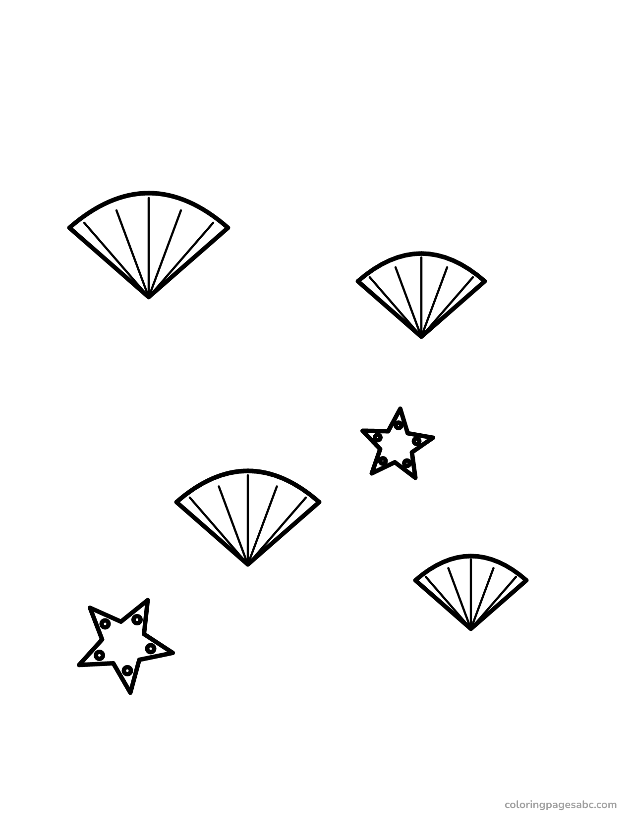 Four seashells and two starfish on the sand coloring page