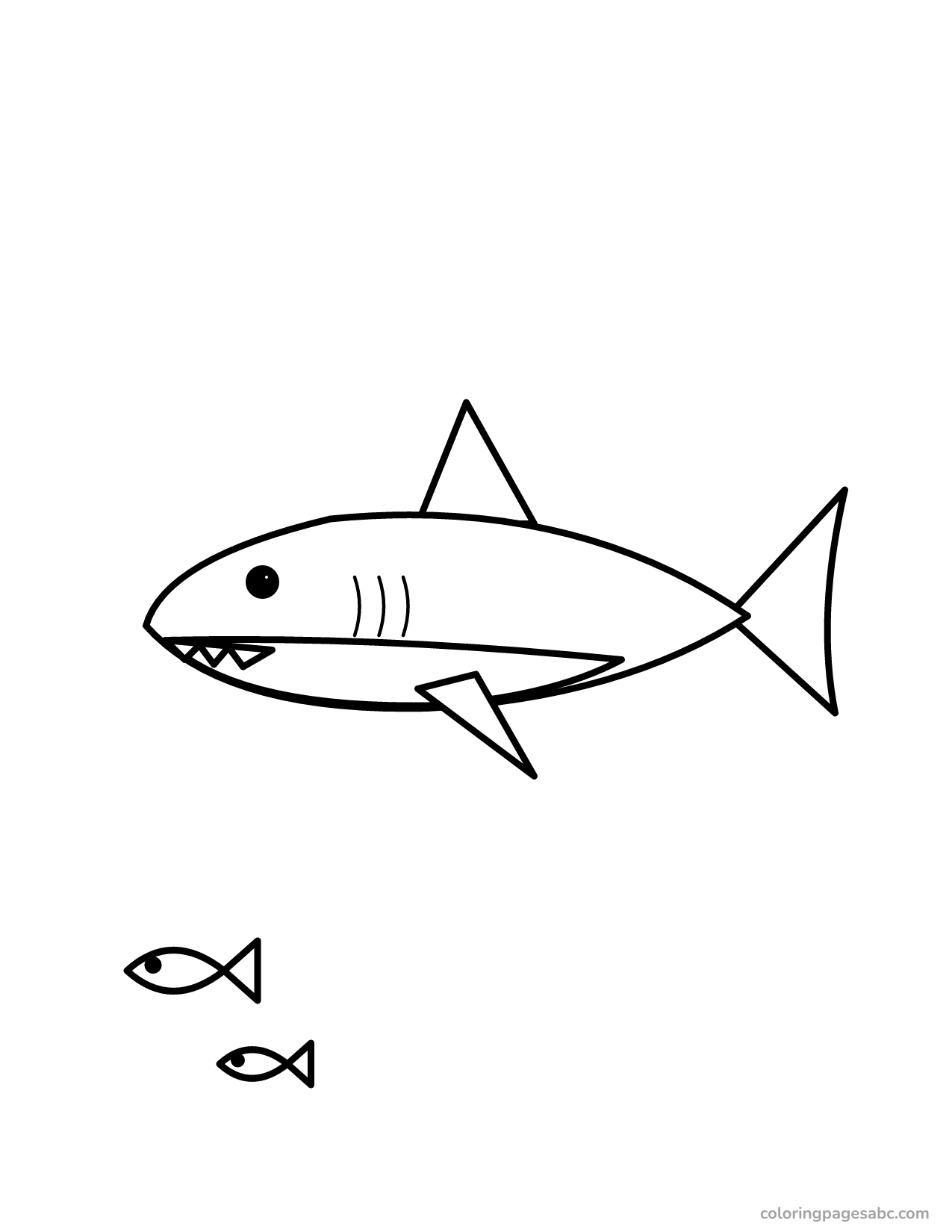 Shark showing its teeth to two little fish coloring page