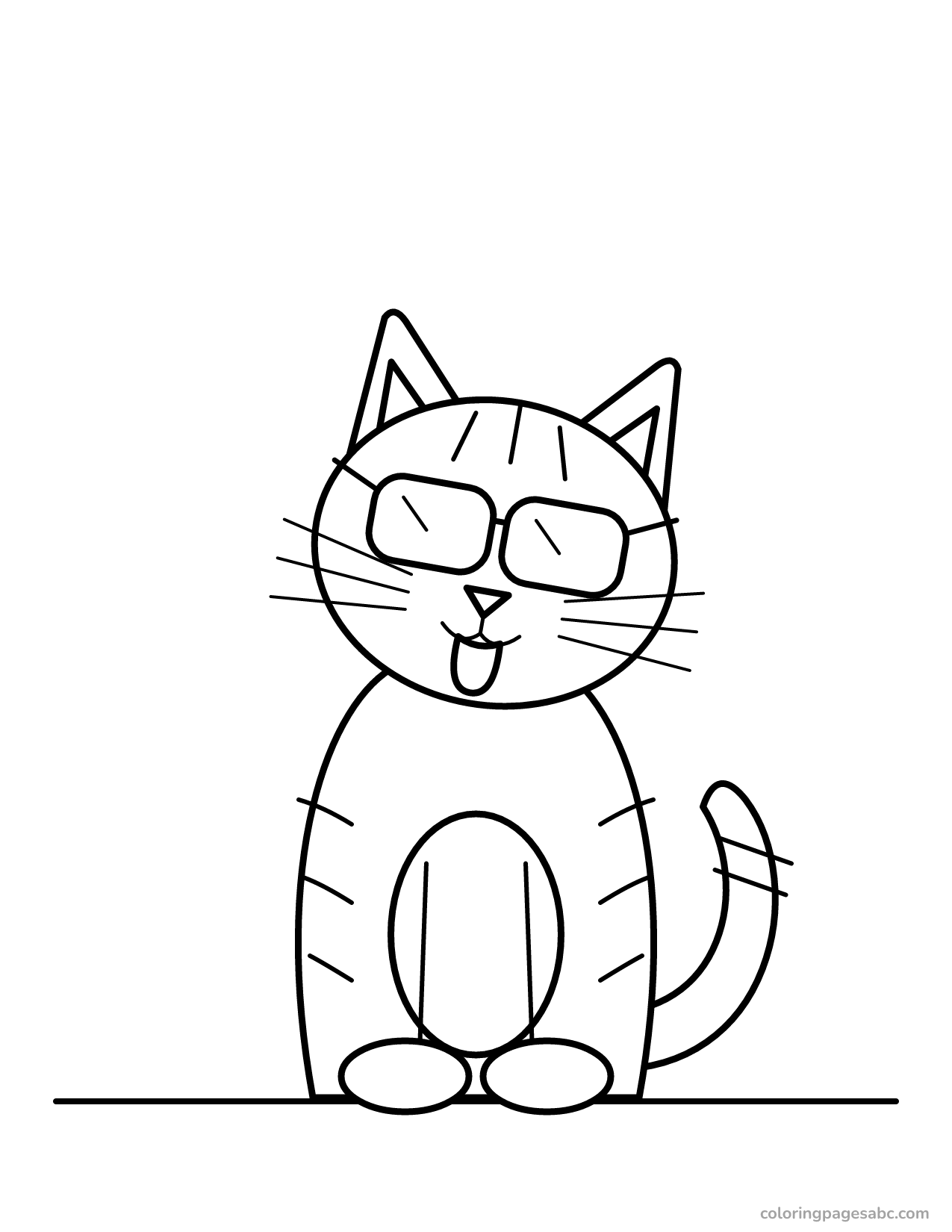 Striped cat with sunglasses sticking out its tongue coloring page