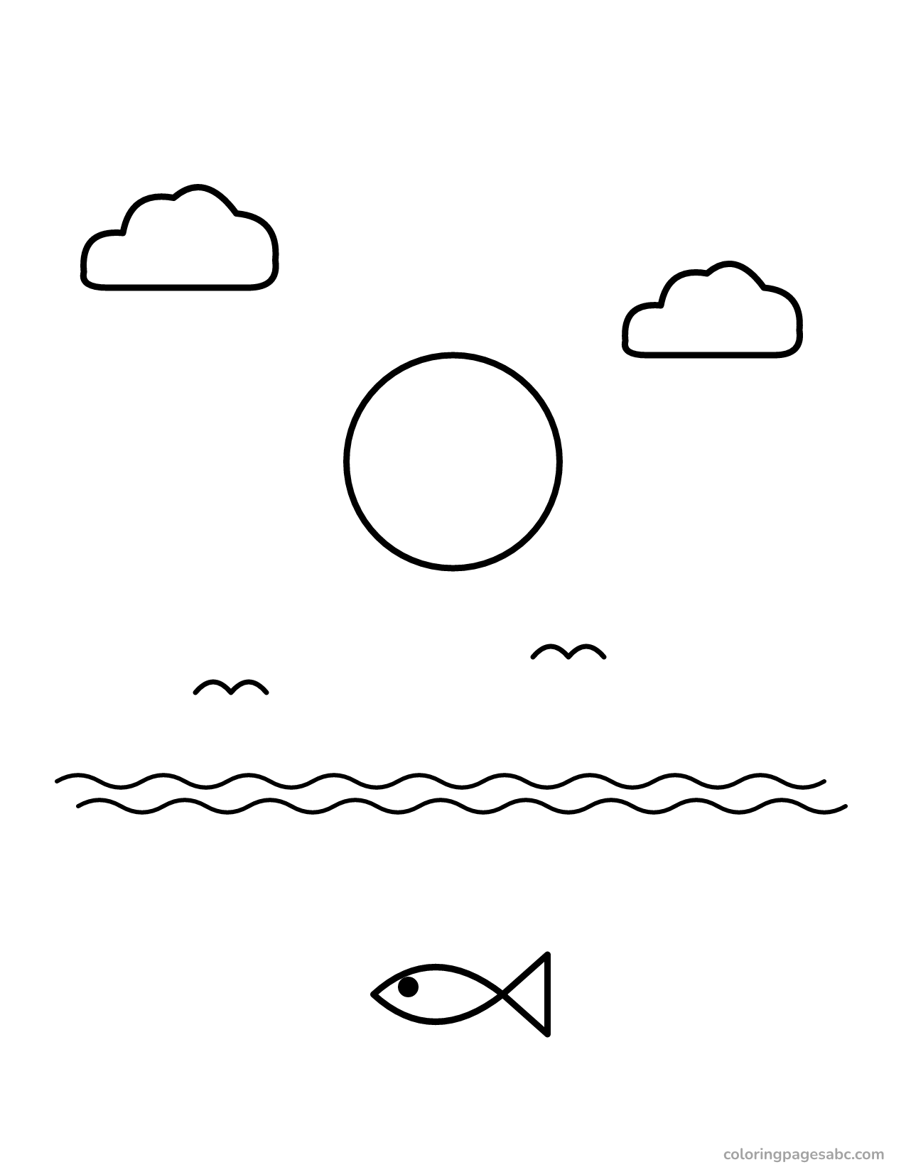 Simple ocean with the sun, clouds, seagulls and a fish
