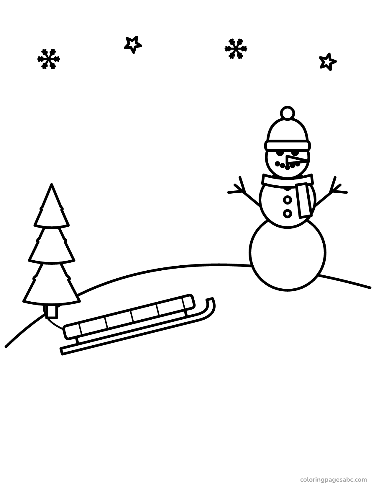 Sled on a snowy hill to color online