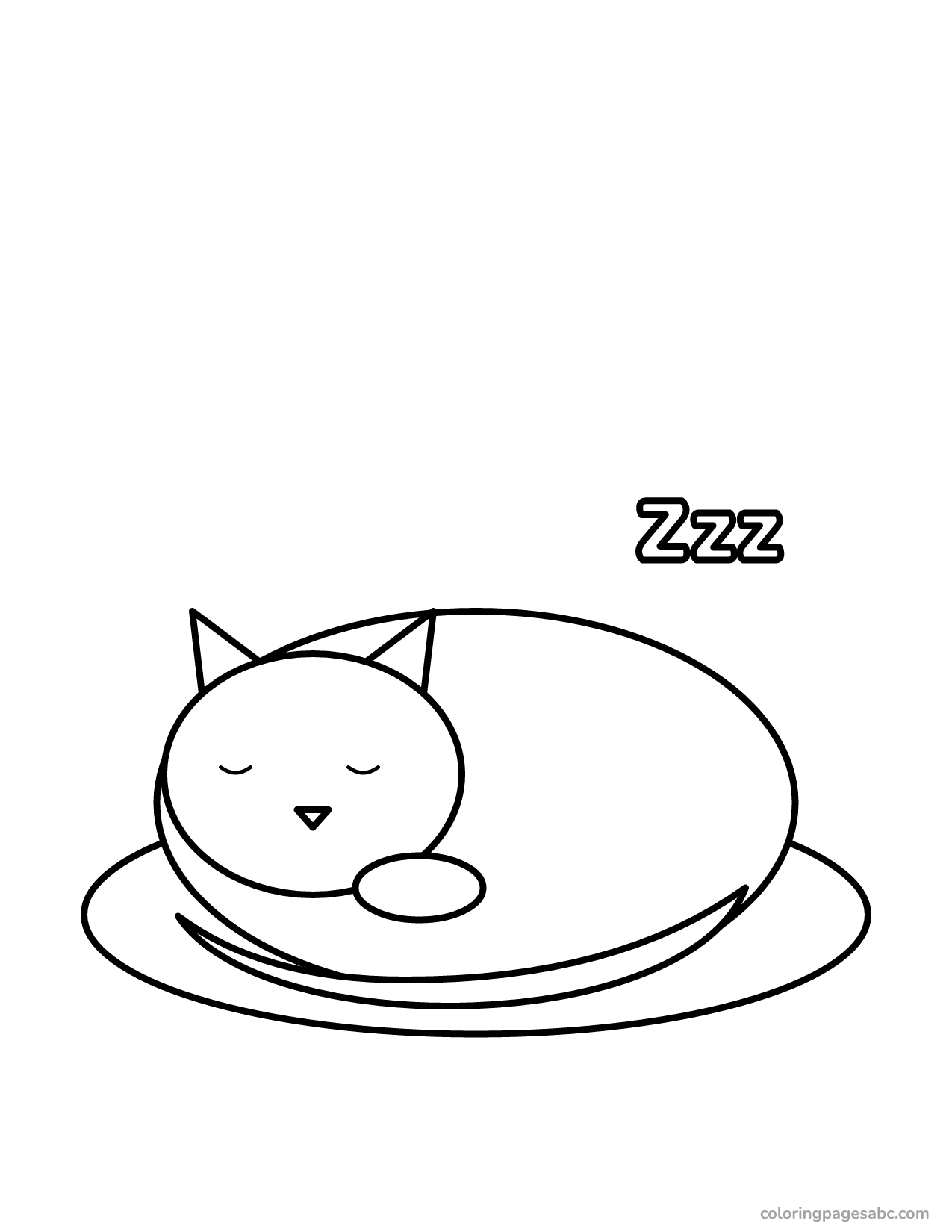 Kitten curled up asleep on a round pillow coloring page