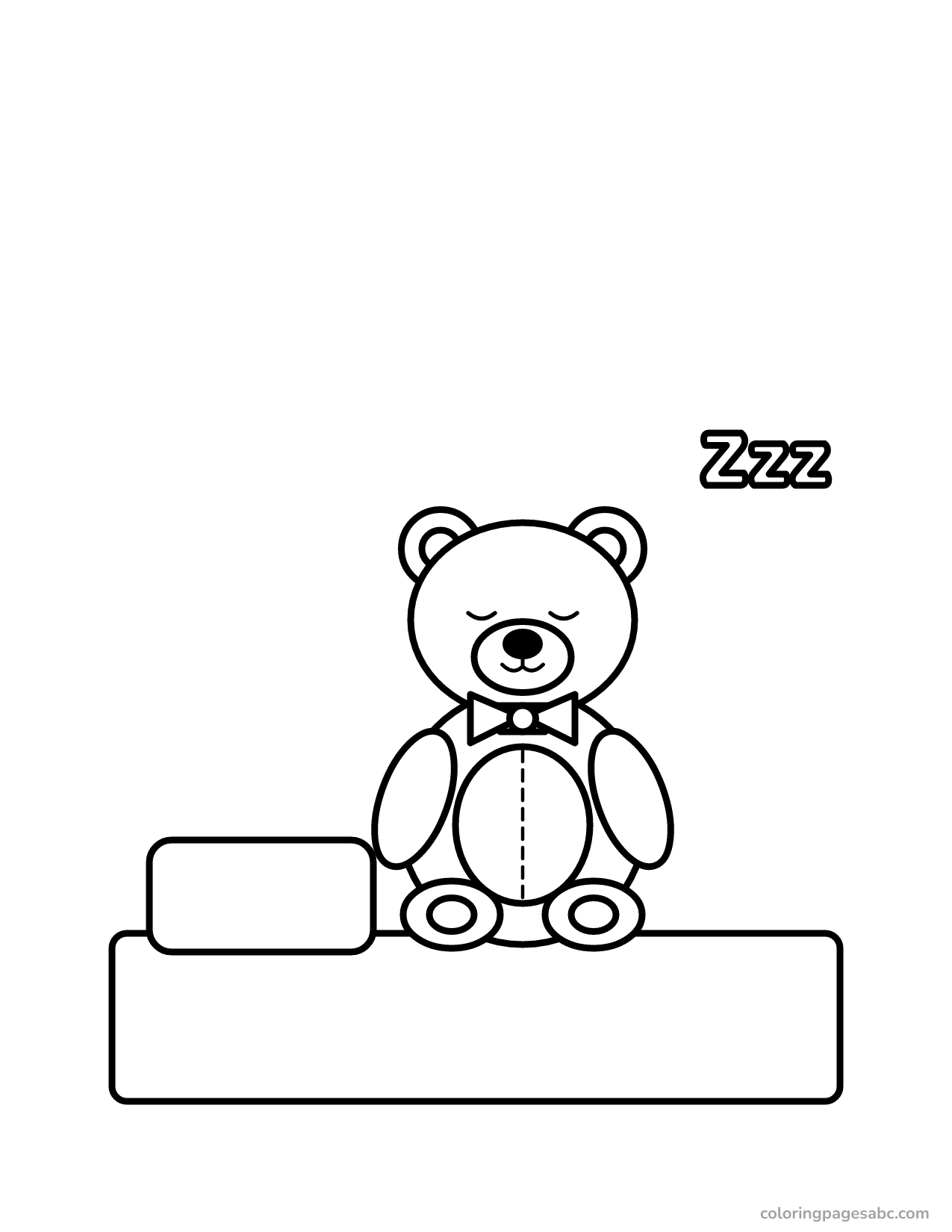 Sleepy teddy bear on a bed with a pillow coloring page