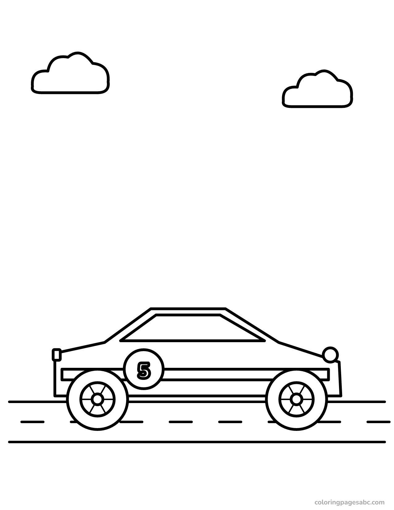 Low sports car with a racing stripe and the number 5 coloring page