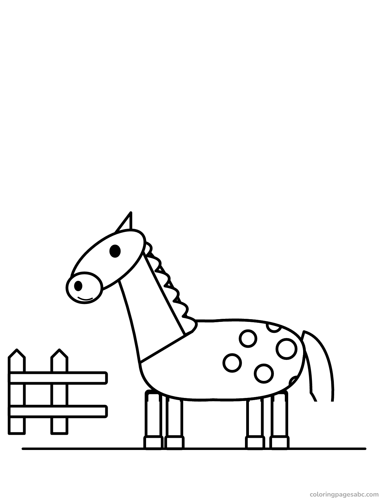 Spotted pony standing at a fence coloring page