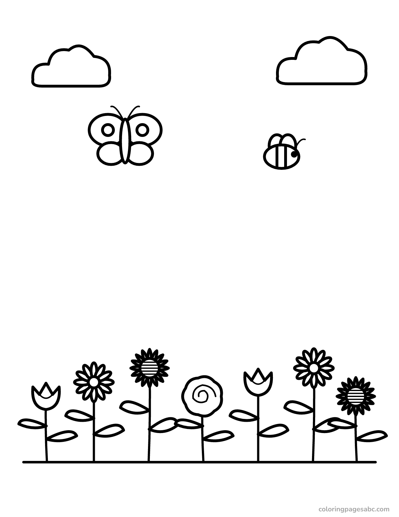 Spring flower garden with a butterfly and a bee coloring page
