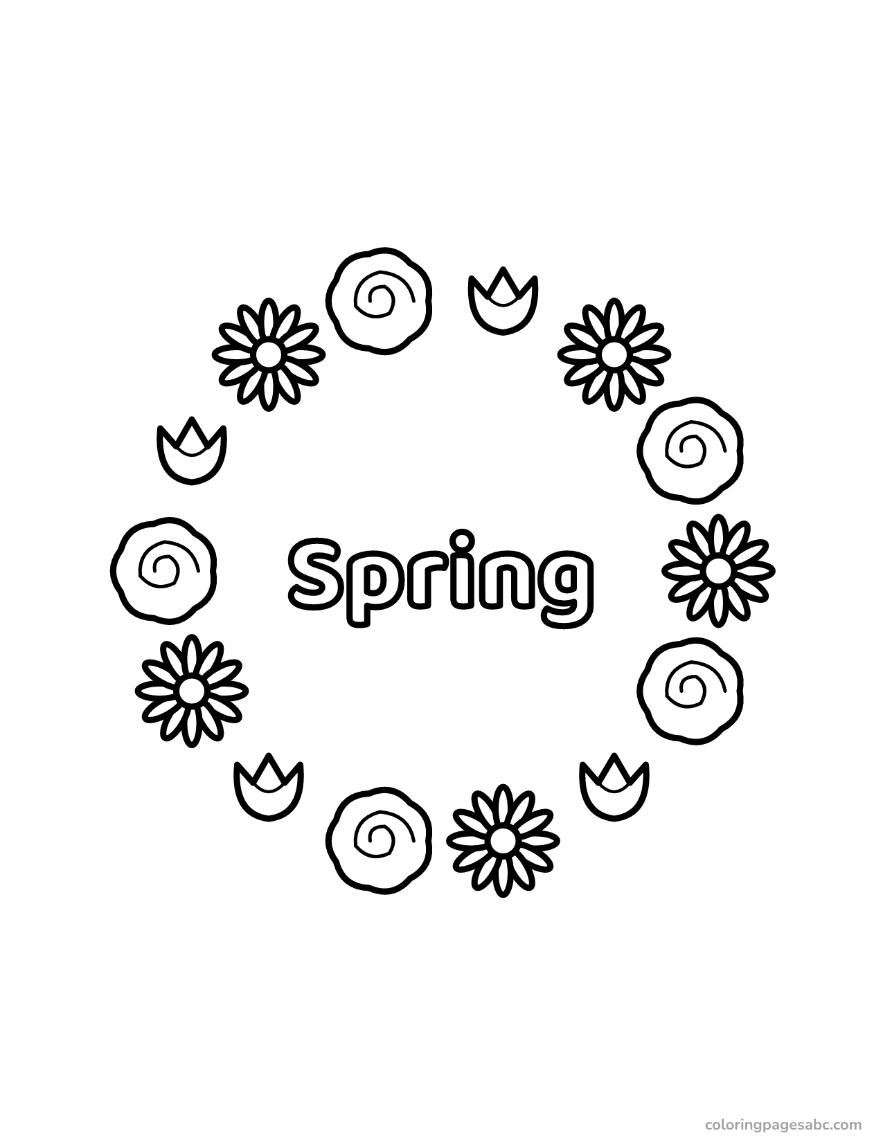 Round spring flower wreath with Spring lettering