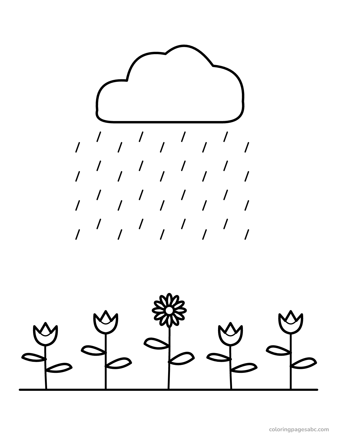 Rain cloud over a row of spring flowers coloring page
