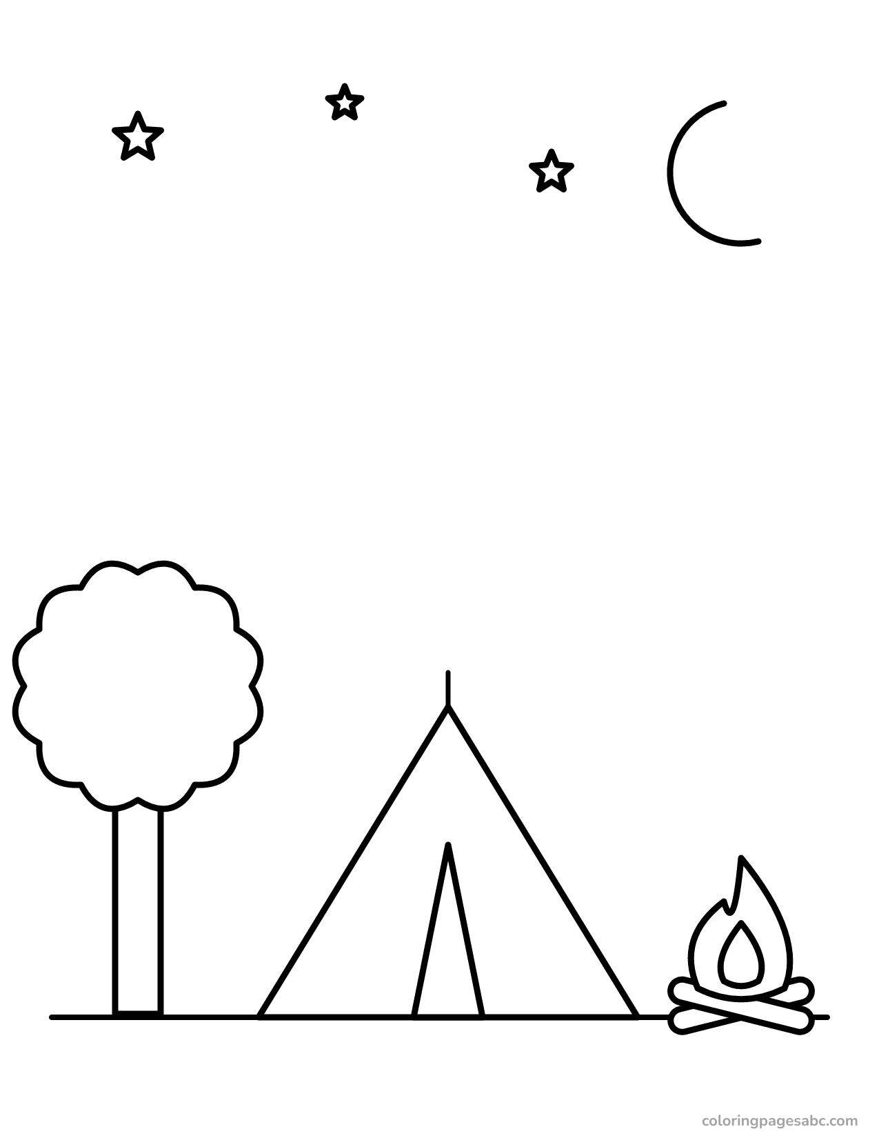 Summer camping tent with a campfire under the moon and stars