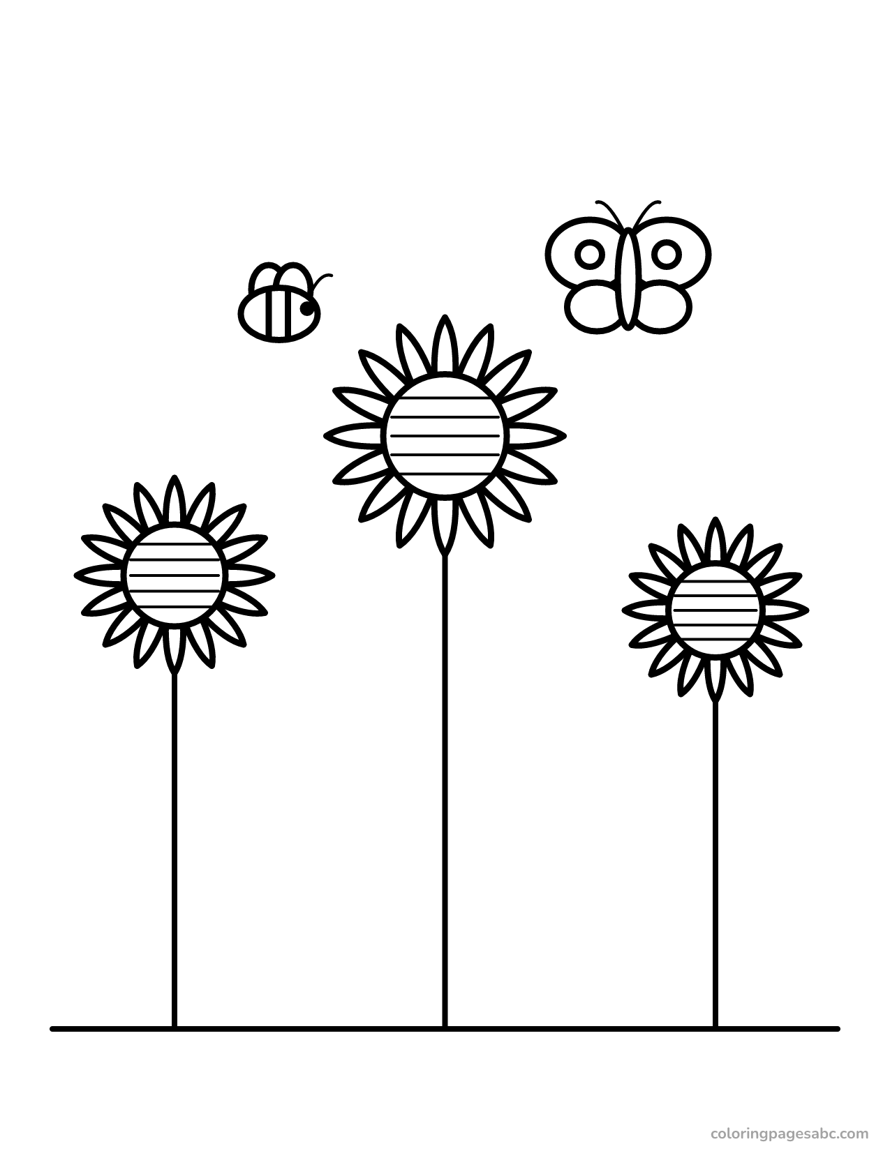 Three tall sunflowers with a bee and a butterfly coloring page