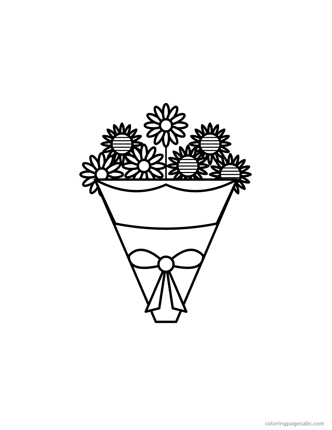 Bouquet of sunflowers and daisies with a bow coloring page