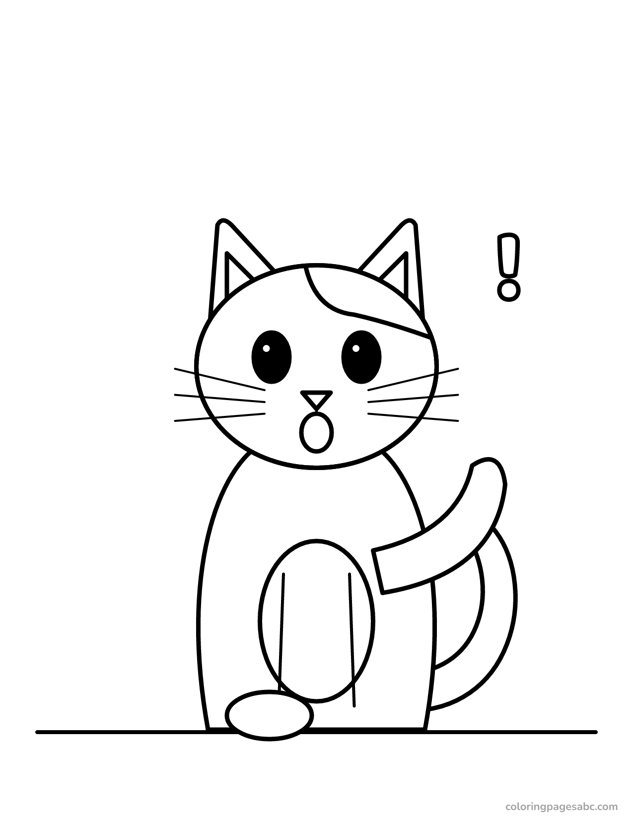 Surprised cartoon cat with a raised paw coloring page