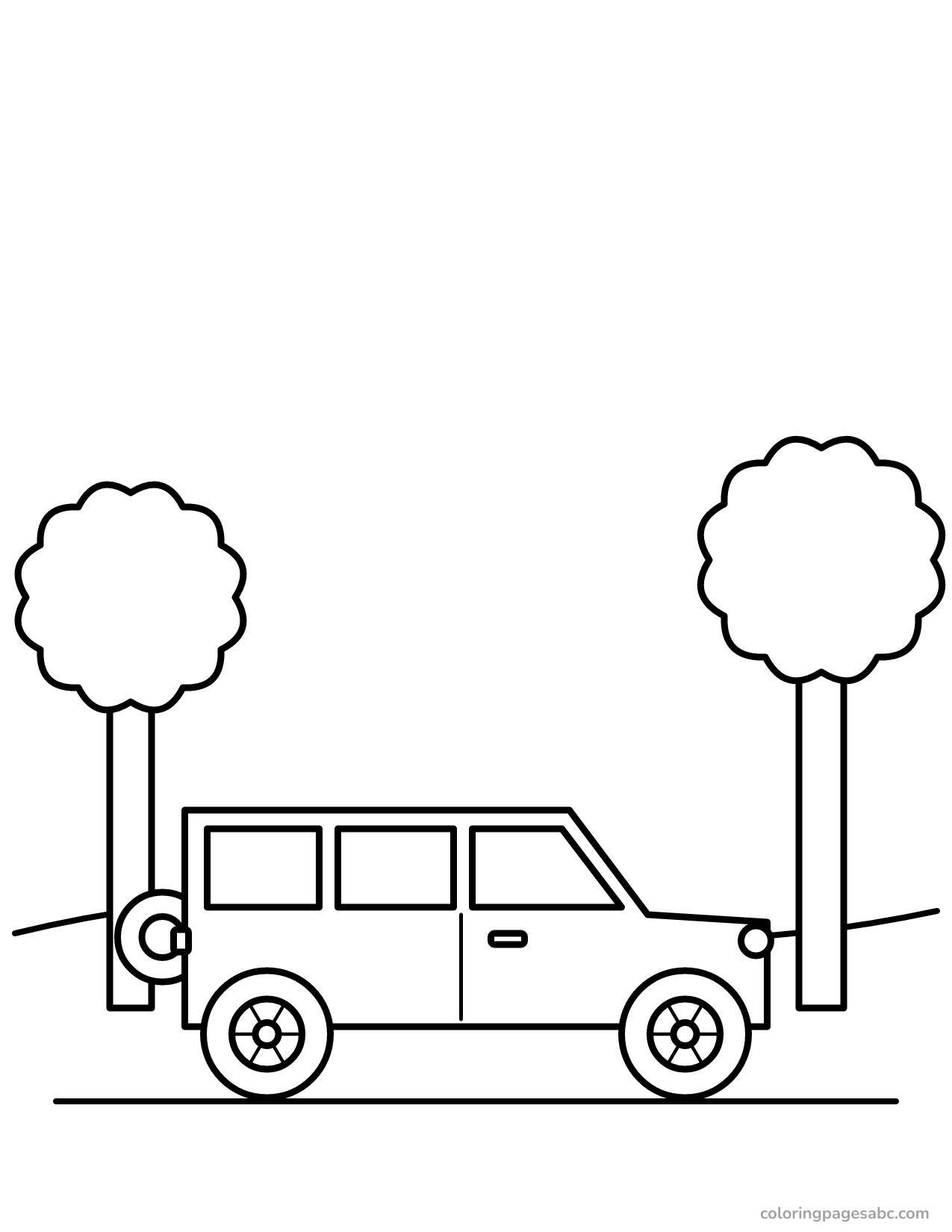SUV with a spare tire driving between trees coloring page