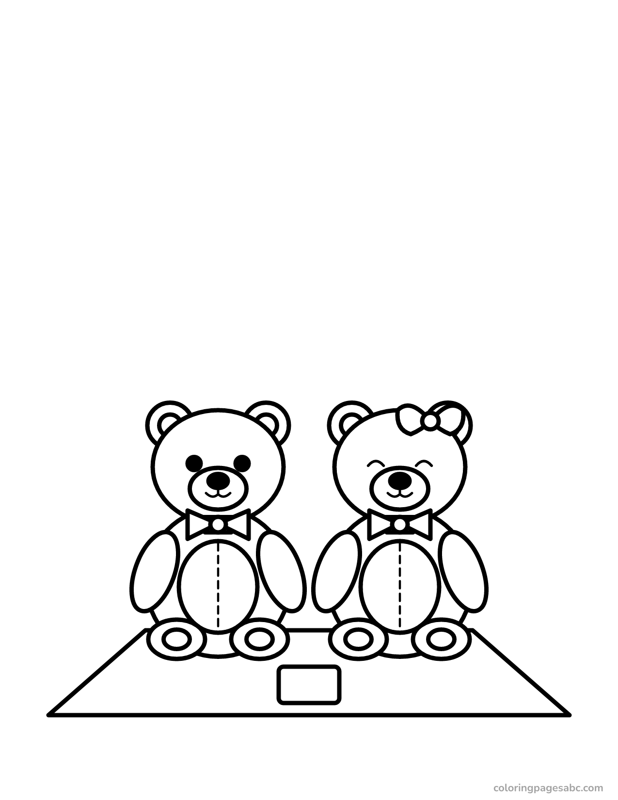 Two teddy bears on a picnic blanket coloring page